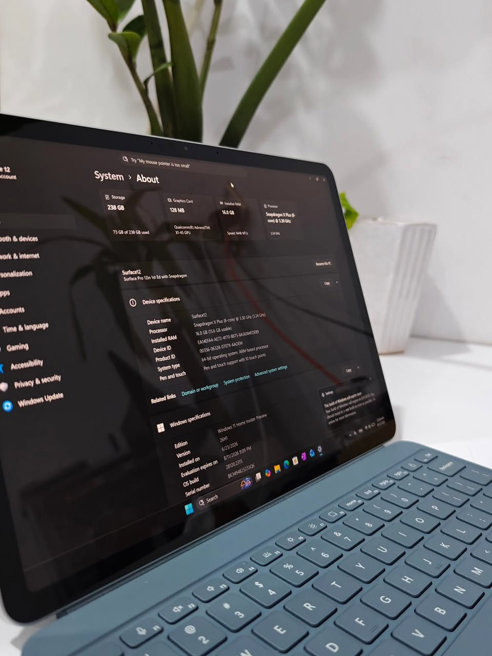 العرض الأقوى: Microsoft Surface Pro 12 1st Edition

* أداء جبار: معالج Snapdragon® X Plus بـ 8 أنوية، صُمم خصيصاً للمهام الثقيلة والذكاء الاصطناعي بسرعات تصل لـ 3.4 جيجاهرتز.
* شاشة مذهلة: مقاس 12 بوصة PixelSense™ LCD بتردد 90 هرتز، توفر استجابة فائقة لللمس والقلم.
* بطارية عملاقة: انْسَ الشاحن طوال اليوم مع عمر بطارية يصل إلى 16 ساعة.
* خفة وجمال: هيكل ألمنيوم فاخر وتصميم نحيف جداً يزن حوالي 1 كجم فقط.

📋 المواصفات الفنية:

* الذاكرة: 16GB LPDDR5x (سريعة جداً).
* التخزين: 256GB SSD فائق السرعة.
* النظام: Windows 11 الأصلي مع ميزات Copilot+ الذكية.
* الكاميرا: كاميرا Studio الأمامية بدقة 1080p مع ميزات التأطير التلقائي.
* خاصية Face-ID لفتح القفل 

*عدد الدورات البطارية 🔋  : 51
*الحالة : مستخدم بدون بوكس
*السعر :
 1- جهاز فقط 1،200،000
2- مع كيبورد (كوبي بلوتوث) 1،300،000
3- مع كيبورد الاصلي 1،450،000

✅ خدمة سريعة وضمان 30 يوم
📍 متوفر الآن للتوصيل الفوري لكل محافظات العراق.
للتواصل و الاستفسار : ***********

https://t.me/epic_store2

نص مكتوب في الصور:
- Try "My mouse pointer is too small"
- System > About
- Storage
- 238 GB
- 73 GB of 238 GB used
- Graphics Card
- 128 MB
- Qualcomm(R) Adreno(TM)
- X1-45 GPU
- Installed RAM
- 16.0 GB
- Speed: 8448 MT/s
- Processor
- Snapdragon X Plus (8-
- core) 3.30 GHz
- 3.24 GHz
- & devices
- k & internet
- nalization
- DS
- counts
- Time & language
- Gaming
- Accessibility
- Privacy & security
- Windows Update
- Surface12
- Surface Pro 12in 1st Ed with Snapdragon
- Rename this PC
- Copy
- Device specifications
- Device name
- Snapdragon X Plus (8-core) @ 3.30 GHz (3.24 GHz)
- 16.0 GB (15.6 GB usable)
- Device ID
- EA14EFA4-AE72-4170-8875-8A56184FDEB9
- Product ID
- 00356-06328-07079-AAOEM
- System type
- 64-bit operating system, ARM-based processor
- Pen and touch
- Pen and touch support with 10 touch points
- Related links
- Domain or workgroup
- System protection
- Advanced system settings
- Windows specifications
- Edition
- Windows 11 Home Insider Preview
- Version
- 26H1
- Installed on
- 6/23/2026
- Evaluation expires on
- 8/11/2026 9:09 PM
- OS build
- 28120.2315
- Serial number
- BK3494825233Q6
- Search
- attery report SURFACE12 MPUTER NAME STEM PRODUCT NAME Microsoft Corporation Surface Pro 12in 1st Ed with Snapdragon IOS 9.166.235 05/27/2026 OS BUILD 28000.4.arm64fre.br_release_flt.251110-1140 PLATFORM ROLE Slate CONNECTED STANDBY Supported REPORT TIME 2026-08-11 02:30:51 Installed batteries Information about each currently installed battery BATTERY 1 NAME SurfaceBattery MANUFACTURER DYN SERIAL NUMBER 0011104517 CHEMISTRY LION DESIGN CAPACITY 37,450 mWh FULL CHARGE CAPACITY 36,410 mWh CYCLE COUNT 51 Recent usage Power states over the last 7 days Search