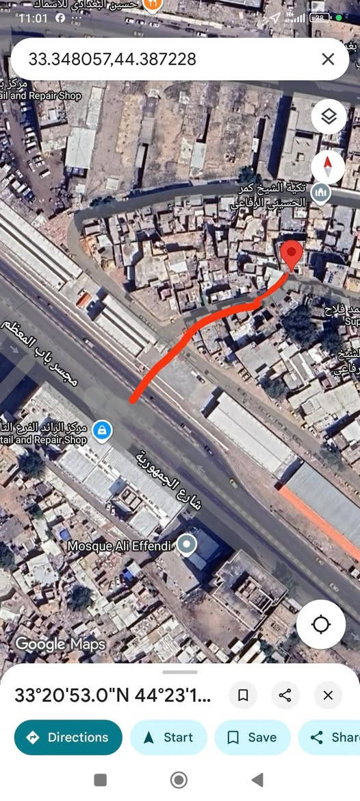 سلام عليكم من رخصة الٱدمن دار ركن للبيع  في بغداد منطقة الفضل محلة المجارية يبعد عن شارع الجمهورية 100..المساحة الكلية 92 م واجهة 6.30م ونزال 16 متر الدار تعتبر ارض غير صالح للسكن  واخوان رحمة الولديكم اللي يريد يشتري هذا الرقم يتواصل على الخاص او الوتس اب ...للتفاصيل والسعر  التواصل   او الاتصال على الرقم ***********@

نص مكتوب في الصور:
- 33.348057,44.387228
- تكية الشيخ كمر الحسيني الرفاعي
- محمد فلاح
- مجسر باب المعظم
- مركز الرائد الفرع الثا
- tail and Repair Shop
- شارع الجمهورية
- Mosque Ali Effendi
- Google Maps
- 33°20'53.0"N 44°23'1...
- Directions
- Start
- Save
- Share