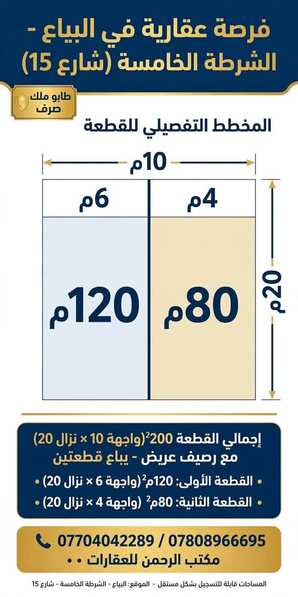 🏠 فرصة عقارية مميزة للبيع – البياع / الشرطة الخامسة

📍 شارع 15
📐 المساحة الكلية: 200م²
📏 الواجهة: 10م | النزال: 20م
🛣️ رصيف عريض

🔹 القطعة الأولى: 120م² | واجهة 6م | نزال 20م
🔹 القطعة الثانية: 80م² | واجهة 4م | نزال 20م

📞 للاستفسار والتواصل:
***********
***********

مكتب الرحمن للعقارات

