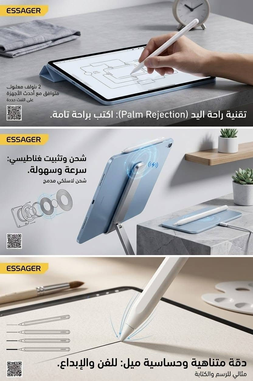 قلم ESSAGER الذكي للآيباد والتابلت ✨
بديل احترافي وبأعلى جودة للرسم والكتابة!
​🔋 بطارية تدوم طويلاً
​🖐️ خاصية راحة اليد (Palm Rejection)
​🧲 شحن وتثبيت مغناطيسي لاسلكي
​✍️ دقة وحساسية عالية للميل والضغط
​السعر:  15000 دينار عراقي
للجملة سعر خاص 
التوصيل: متوفر لكافة المناطق
​للطلب أو الاستفسار: تواصل معنا عبر الرسائل أو رقم الجوال *********** / اتصال  الواتساب]
