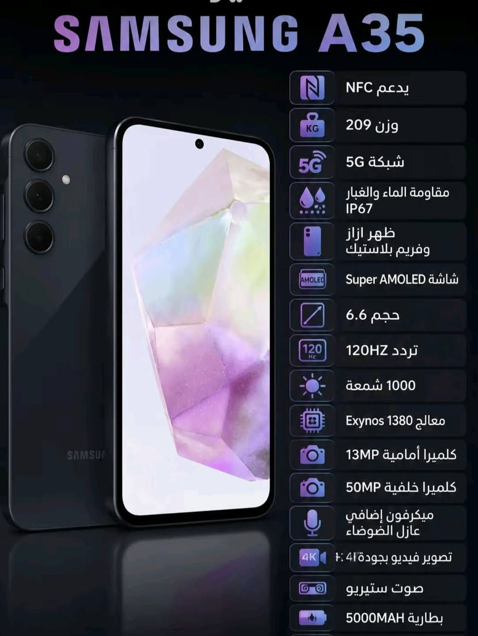 السلام عليكم
جهاز سامسونك A35 5G للبيع او المراوس حسب القناعه الجهاز كفاله عامه من التصليح والعطل ذاكره 256 + 8 لون نيلي موصفاته حلوه وقويه ملحقاته بس كارتونه 
السعر 280 وبيه مجال قليل ***********

نص مكتوب في الصور:
- SAMSUNG A35
- يدعم NFC
- وزن 209
- شبكة 5G
- مقاومة الماء والغبار IP67
- ظهر ازاز وفريم بلاستيك
- شاشة Super AMOLED
- حجم 6.6
- تردد 120HZ
- 1000 شمعة
- معالج Exynos 1380
- كلميرا أمامية 13MP
- كلميرا خلفية 50MP
- ميكرفون إضافي عازل الضوضاء
- تصوير فيديو بجودة 4K
- صوت ستيريو
- بطارية 5000MAH