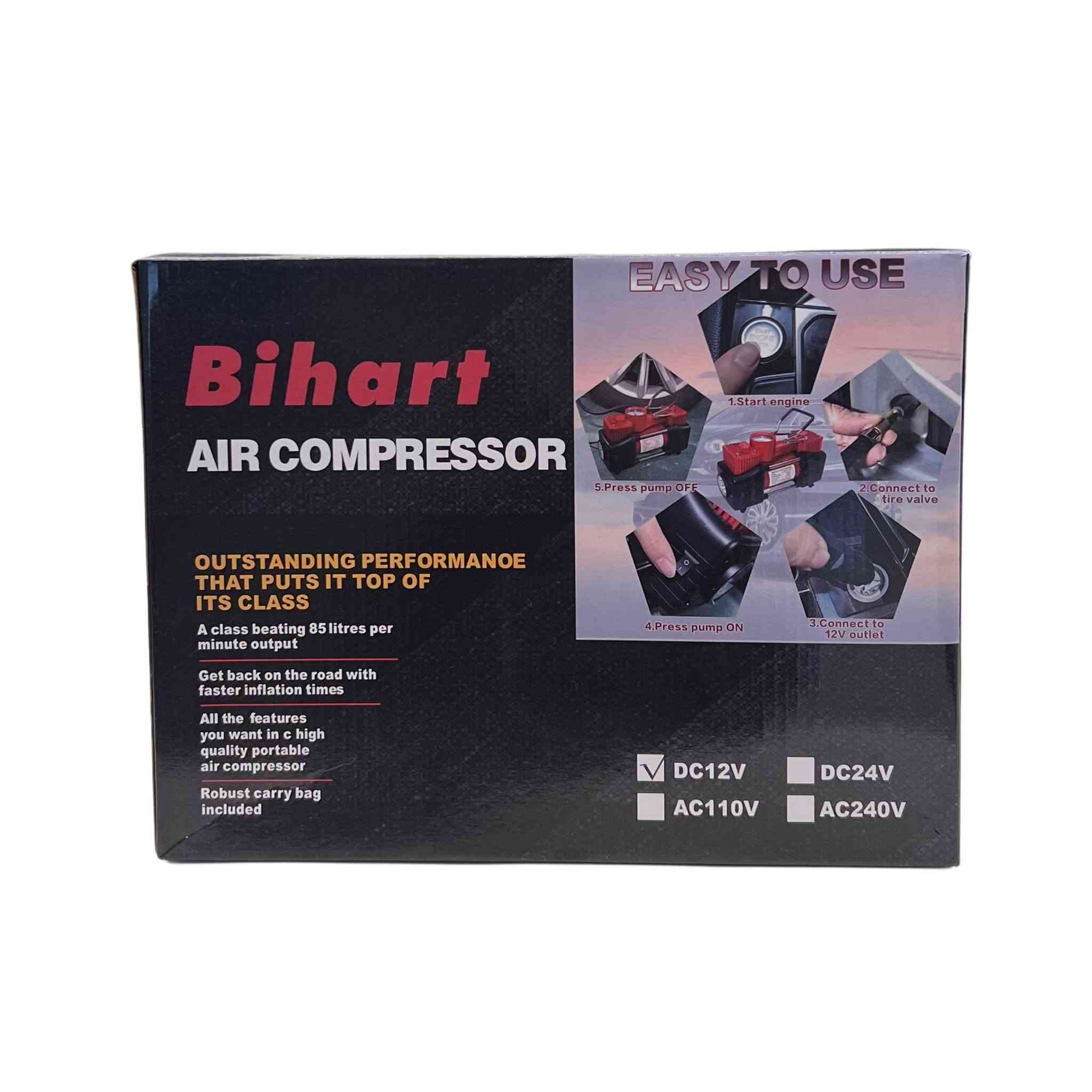 عدنه توصيل كل محافظات العراق حجز على وتساب ***********

كمبريسر هواء محمول Bihart للسيارة 12V – ضغط قوي حتى 150 PSI

• كمبريسر هواء محمول من Bihart مصمم لنفخ إطارات السيارة بسرعة وسهولة، بحجم عملي وأداء مناسب للاستخدام داخل السيارة.

• يعمل على DC 12V ومناسب للاستخدام عبر منفذ 12V في السيارة.

• يوفر تدفق هواء أقصى 85 لتر/دقيقة لسرعة أفضل في النفخ.

• يدعم ضغط تشغيل أقصى 150 PSI مع إعادة تشغيل حتى 200 PSI.

• مزود بـ خرطوم هواء بطول 6.5 مع عداد ضغط ومشابك نحاسية صلبة.

• يحتوي على إضاءة LED ساطعة مع تشغيل سهل وتقنية ثبات أثناء الاستخدام.

• يتضمن حماية حرارية أوتوماتيكية للمحرك ضد ارتفاع الحرارة، مع حقيبة حمل قوية مرفقة.

• العلامة التجارية: Bihart
• نوع المنتج: Air Compressor / كمبريسر هواء محمول
• نوع الطاقة: DC 12V
• أقصى تدفق هواء: 85 لتر/دقيقة
• أقصى فولتية: 13.8V
• أقصى سحب تيار: 30A
• أقصى ضغط تشغيل: 150 PSI
• أقصى ضغط إعادة تشغيل: 200 PSI
• أقصى حرارة محيطة: 60°C
• أدنى حرارة محيطة: -55°C
• زمن التشغيل الأقصى: 40 دقيقة عند 40 PSI
• درجة الحرارة لزمن التشغيل: 24°C
