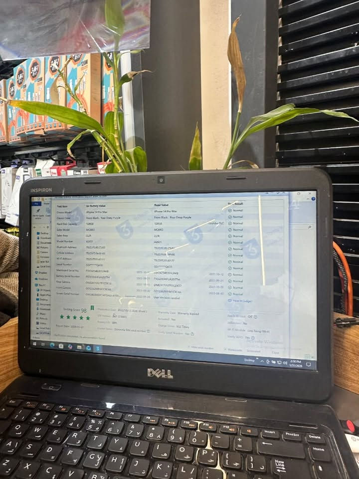 آيفون 14pro max  للبيع 128 كيكا نموذج M جهاز كل ع بلاد شرط فقط ضهره مكسور بطاريه حاليا 83 السعر 900 وبي مجال قليل واتس***********

نص مكتوب في الصور:
- ٤:٣٩ حول الاسم iPhone إصدار iOS 26.5.2 اسم الطراز iPhone 14 Pro Max رقم الطراز MQ8R3LL/A الرقم التسلسلي GDJH4LQKTO انتهت صلاحية التغطية الأغاني الفيديوات ١٤٩ الصور ١,٨٥٨ التطبيقات ٢١ السعة ١٢٨ غ.ب. متوفرة ٦٤,٩١ غ.ب. عنوان Wi-Fi 70:22:FE:91:67:77
- INSPIRON 3 3uTools iDevice Apps RT & WP Smart Flash Toolbox iPhone iPhone 14 Pro Max 128GB Deep Purple PC Charging 21% iOS Version 26.1 (23885) Apple ID Lock Off Details Jailbroken No iCloud Off Details Activated Yes Production Date 10/12/2022 Product Type iPhone 15,3 (A2651) Warranty Date Warranty Expired Sales Model MQ6R3 LL/A Sales Region USA IMEI 35/650617858817 CPU A16 Hexa Details Serial Number GDJH4LQKTO Hard Disk Type TLC Details UDID 00040C2E0250C01E Charge Times 952 Times Crash Analysis 0 Times Details Battery Life 83% Details 00006120-00040C2E0250C01E Hard Disk Capacity 15.67 GB / 119.09 GB System Apps Photos Media UDisk Others Free Reboot Turn Off Refresh Verification Report iDevice Details Backup/Restore 3uAirPlayer Make Ringtone Manage Icon Stop iOS Update Transfer Data Customize Windows Activate Windows Go to Settings to activate Windows. V3.30 Feedback Check Update Desktop