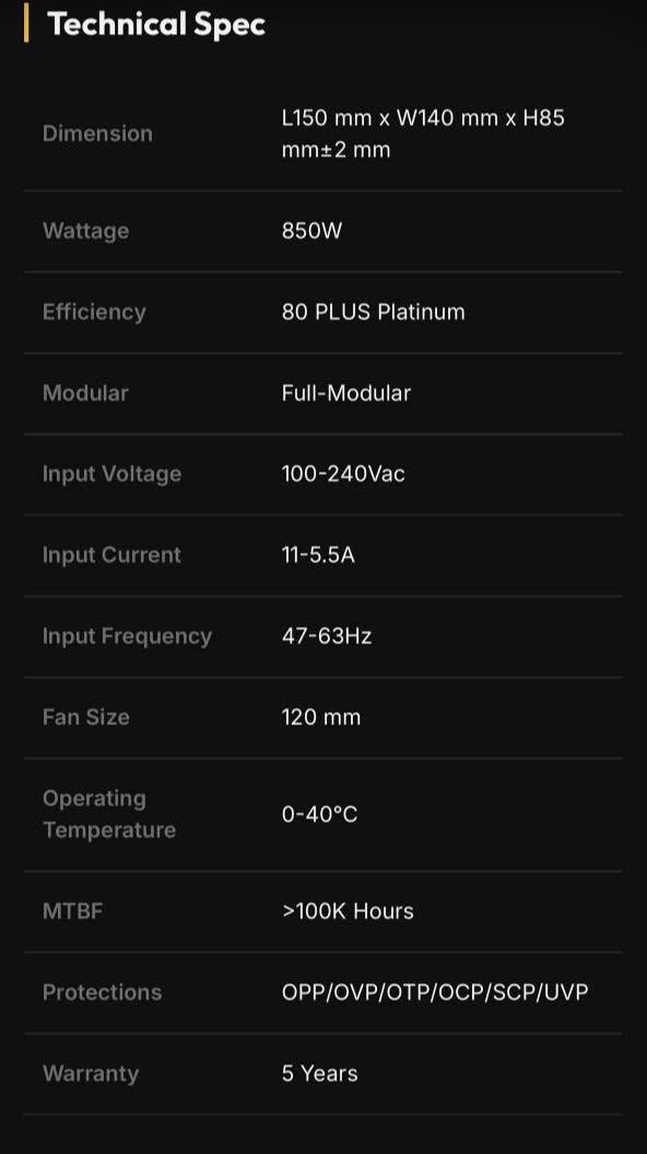 ⚡ للبيع: مزود طاقة (باور سبلاي) احترافي Thermalright TR-SP850 (جديد / ممتاز) ⚡
سلام عليكم شباب،
متوفر باور سبلاي قوي وجديد من شركة Thermalright المعروّفة، مناسب جداً للتجميعات القوية وكروت الشاشة الحديثة من جيل Nvidia RTX 40/50 و AMD RX.

📋 المواصفات الفنية:
• الموديل: Thermalright TR-SP850
• القدرة (Wattage): 850 واط Real Wattage
• كفاءة الطاقة: شهادة 80 PLUS Platinum (كفاءة واستهلاك أداء عالي جداً وقليل الضياع)
• النوع: Full-Modular (فل موديلار - الأسلاك كلها تنفصل لسهولة ترتيب الكابلات داخل الكيس)
• دعم المعايير الحديثة: يدعم ATX 3.1 و PCI-e 5.1 مع منفذ dedicated المخصص للكروت الحديثة 12V-2x6
• المروحة: 120mm هادئة وفعالة
• أنظمة الحماية: حماية كاملة للمكونات (OPP / OVP / OTP / OCP / SCP / UVP)
• الأبعاد: 150mm x 140mm x 85mm (حجم قياسي يتناسب مع أغلب الكيسات)

💵 السعر : [130,000]
 📍/ التوصيل: متوفر توصيل لجميع المحافظات 🚚 

📞 للتواصل والاستفسار: يرجى المراسلة على الخاص أو الاتصال على الرقم: [***********] واتساب
