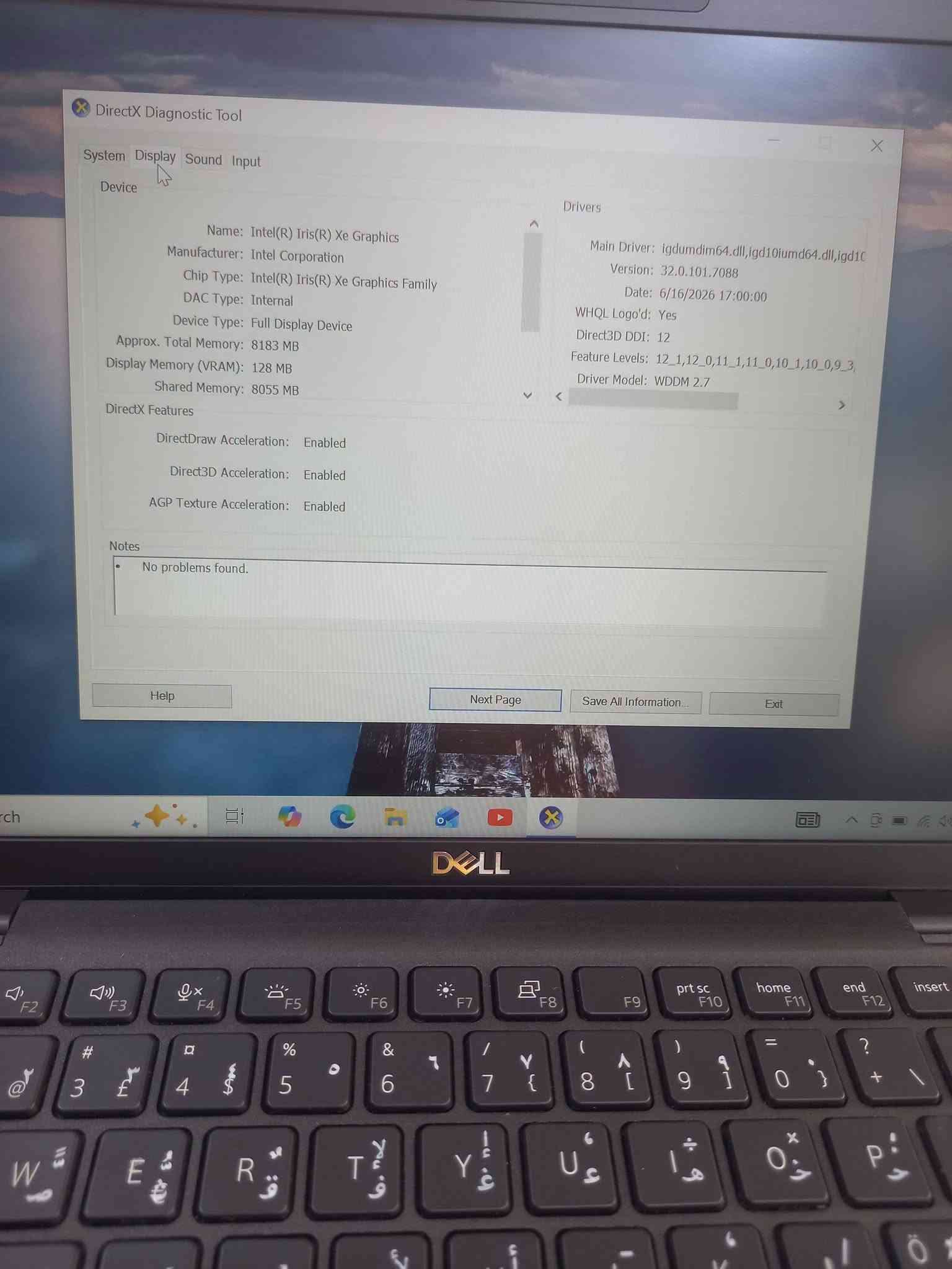 لابتوب دل 7420  dell
الجيل الحادي عشر 
المعالج كور اي 5 الجيل 11
الهارد    256    ssd  m.2
الرام  16  ddr4 
كارت الشاشة  8 شير 
حجم الشاشة  14 
الشاحنة اصلية 
يحتوي على منفذين تايب سي للشحن او نقل البيانات
نظام التشغيل ويندوز 10 عربي انكليزي 
الملحقات شاحنة تايب سي  وجنطة 
السعر  325

***********
***********
يوجد توصيل

متوفر 
تتوفر مجموعة لابتوبات بأسعار مناسبة ومواصفات مختلفة

نص مكتوب في الصور:
- About Your PC is monitored and protected. See details in Windows Security Installed RAM 16.0 GB Speed: 4267 MHz Processor 11th Gen Intel(R) Core(TM) i5-1145G7 @ 2.60GHz 1.50 GHz Graphics Card 128 MB Intel(R) Iris(R) Xe Graphics Storage 238 GB 50 GB of 238 GB used DESKTOP-N8FK656 Latitude 7420 Rename this PC Device Specifications Copy Device Name DESKTOP-N8FK656 Processor 11th Gen Intel(R) Core(TM) i5-1145G7 @ 2.60GHz 1.50 GHz
- About Device specifications Device Name DESKTOP-N8FK656 Processor 11th Gen Intel(R) Core(TM) i5-1145G7 @ 2.60GHz 1.50 GHz Installed RAM 16.0 GB (15.7 GB usable) Graphics Card Intel(R) Iris(R) Xe Graphics (128 MB) Storage 238 GB SSD KXG60ZNV256G NVMe KIOXIA 256GB Device ID 4EF9BCA7-B4D1-4473-A21B-C88272972659 Product ID 00325-97273-65845-AAOEM System Type 64-bit operating system, x64-based processor Pen and touch No pen or touch input is available for this display Frequently asked questions How does having 16 GB or more of RAM impact my PC's performance? Can I run modern applications smoothly with this RAM capacity? Is my GPU sufficient for high end gaming and video experience? How can having a dedicated GPU enhance my experience and productivity? Am I running the latest version of the Windows OS? What is the latest Windows version? Windows Specifications Copy
- Task Manager
- File Options View
- Processes Performance App history Startup Users Details Services
- CPU
- 3% 1.57 GHz
- Memory
- 3.9/15.7 GB (25%)
- Disk 0 (C: D:)
- SSD
- 1%
- Wi-Fi
- S: 0 R: 88.0 Kbps
- GPU 0
- Intel(R) Iris(R) Xe Grap...
- 0%
- % Utilization
- 60 seconds
- Utilization
- 3%
- Processes
- 165
- Speed
- 1.57 GHz
- Threads
- 2015
- Up time
- 0:00:38:42
- 11th Gen Intel(R) Core(TM) i5-1145G7 @ 2.60GHz
- Handles
- 66296
- Base speed:
- Sockets:
- Cores:
- Logical processors:
- Virtualization:
- Hyper-V support:
- L1 cache:
- L2 cache:
- L3 cache:
- 1.50 GHz
- 1
- 4
- 8
- Disabled
- Yes
- 320 KB
- 5.0 MB
- 8.0 MB
- Fewer details
- Open Resource Monitor
- e here to search
- 2% 1.36 GHz
- S: 0 R: 0 Kbps
- Memory usage
- 16.0 GB
- 15.7 GB
- 0
- Memory composition
- In use (Compressed)
- 3.8 GB (35.3 MB)
- Available
- 11.9 GB
- Speed:
- Slots used:
- Form factor:
- Hardware reserved:
- 4267 MHz
- 8 of 8
- Row of chips
- 274 MB
- Committed
- 3.7/18.6 GB
- Cached
- 1.1 GB
- Paged pool
- 177 MB
- Non-paged pool
- 225 MB
- here to search
- DELL
- Task Manager File Options View Processes Performance App history Startup Users Details Services CPU 1% 1.68 GHz Memory 3.9/15.7 GB (25%) Disk 0 (C: D:) SSD 0% Wi-Fi Wi-Fi S: 0 R: 0 Kbps GPU 0 Intel(R) Iris(R) Xe Grap... 0% GPU Intel(R) Iris(R) Xe Graphics 3D 0% Copy 0% Video Decode 0% Video Processing 0% Shared GPU memory usage 7.9 GB Utilization 0% GPU Memory 0.3/7.9 GB Shared GPU memory 0.3/7.9 GB Driver version: 32.0.101.7088 Driver date: 6/17/2026 DirectX version: 12 (FL 12.1) Physical location: PCI bus 0, device 2, function 0 Fewer details Open Resource Monitor
- DirectX Diagnostic Tool System Display Sound Input Device Name: Intel(R) Iris(R) Xe Graphics Manufacturer: Intel Corporation Chip Type: Intel(R) Iris(R) Xe Graphics Family DAC Type: Internal Device Type: Full Display Device Approx. Total Memory: 8183 MB Display Memory (VRAM): 128 MB Shared Memory: 8055 MB DirectX Features DirectDraw Acceleration: Enabled Direct3D Acceleration: Enabled AGP Texture Acceleration: Enabled Notes No problems found. Drivers Main Driver: igdumdim64.dll,igd10iumd64.dll,igd10 Version: 32.0.101.7088 Date: 6/16/2026 17:00:00 WHQL Logo'd: Yes Direct3D DDI: 12 Feature Levels: 12_1,12_0,11_1,11_0,10_1,10_0,9_3 Driver Model: WDDM 2.7 Help Next Page Save All Information... Exit