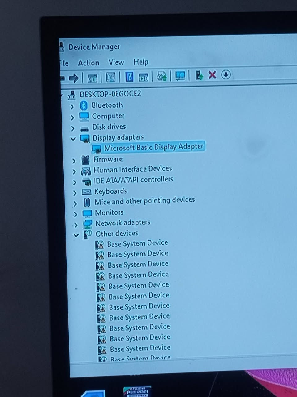 كرت شاشة rx590 8gb Phantom
غير مجدد
نظيف الكرت ما مستخدم هواي
جبته جديد حته تعاريف بعدني ما منزله سعر 110

نص مكتوب في الصور:
- Device Manager
- File Action View Help
- DESKTOP-0EGOCE2
- > Bluetooth
- > Computer
- > Disk drives
- v Display adapters
- Microsoft Basic Display Adapter
- > Firmware
- > Human Interface Devices
- > IDE ATA/ATAPI controllers
- > Keyboards
- > Mice and other pointing devices
- > Monitors
- > Network adapters
- v Other devices
- Base System Device