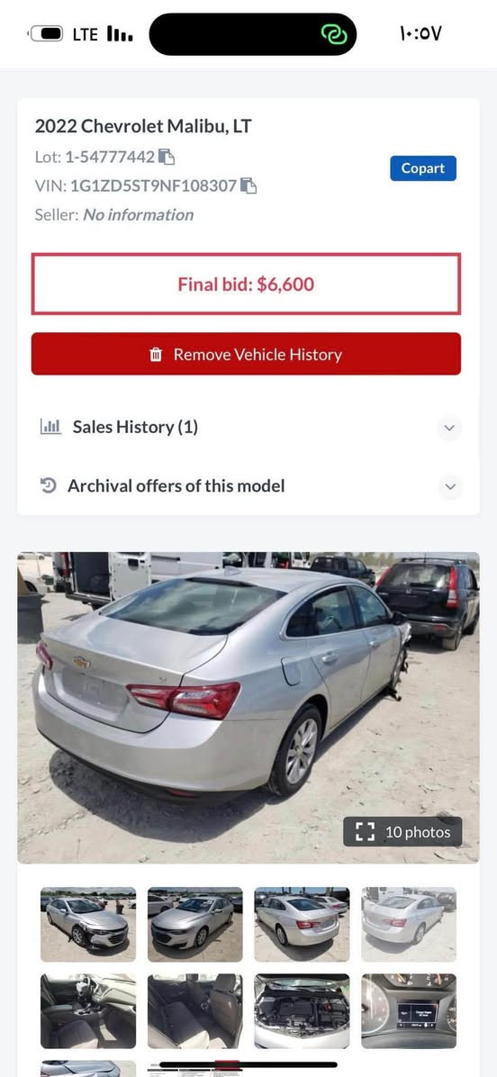 🚘للبيع فقط شفروليه ماليبو LT موديل 2022

• الممشى: 39 ألف مايل قابل للزياده ( ممشى امريكا ٢٩ الف مايل )
• فئة LT مواصفات معروفه

• سيارة استخدام بيت ومحافظ عليها ومعتني بيها تبريد ثلج بلادي
• الصيانة أول بأول سياره اعتماديه عمرها مافشلتتي صارلها سنتين عندي
• ميكانيك السيارة كله على وضع الشركة وما مملعوب بأي جزء
• الصدر الأمامي جديد مبدل موجوده الوصولات يم العماد
• السياره بدون صبغ الحادث سطحي، فقط جاملغ جهة عكس السائق وتم استبداله بنفس اللون ، ايرباك دركه ستيرن فقط وتم استبداله بقطعه وكاله صور الحادث مرفقه

• مركب عليها عدسات شمسي أصلية
• صيانه دوريه عند أرض الشوفر 
• جميع أغراض الوكالة ، كتلوك موجود
• السيارة باسمي، سنويتها سارية وشرط التحويل ( رقم مميز )

مكانها بغداد اعظميه سبع ابكار
***********

نص مكتوب في الصور:
- 2022 Chevrolet Malibu, LT
- Lot: 1-54777442
- VIN: 1G1ZD5ST9NF108307
- Seller: No information
- Copart
- Final bid: $6,600
- Remove Vehicle History
- Sales History (1)
- Archival offers of this model
- 10 photos