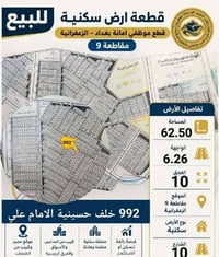 للبيع قطعه ارض قطع موظفين امانه بغداد الزعفرانيه المساحه 62 متر مربع ا...