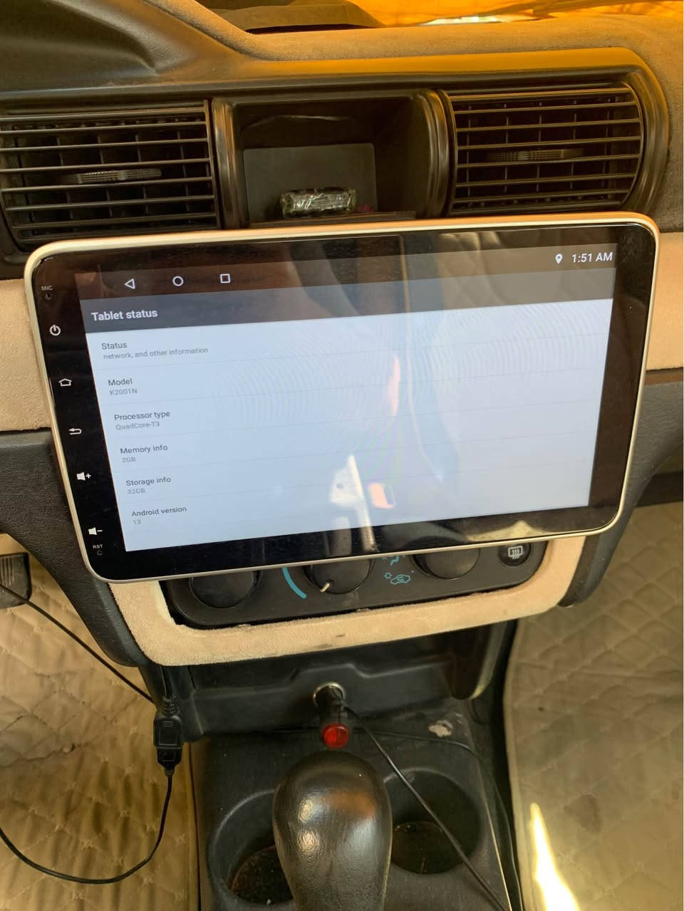 Ram2
Gb32 كركوك, العراق

نص مكتوب في الصور:
- 1:51 AM Tablet status Status network, and other information Model K2001N Processor type QuadCore-T3 Memory info 2GB Storage info 32GB Android version 13