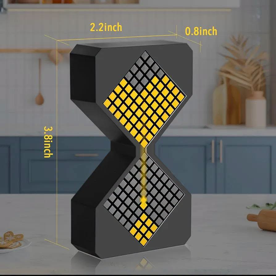 ساعه رملية الكتروني ثلاثية الابعاد 
السعر ٤ الاف

نص مكتوب في الصور:
- 2.2inch 0.8inch 3.8inch
- Small and exquisite, with many functions "+" key for increased brightness & time "-" key for a dimmer display & time Time Mode Setting ON/OFF Switch YEARBEIHAO Type C Charging Battery milliampere: 450mAh