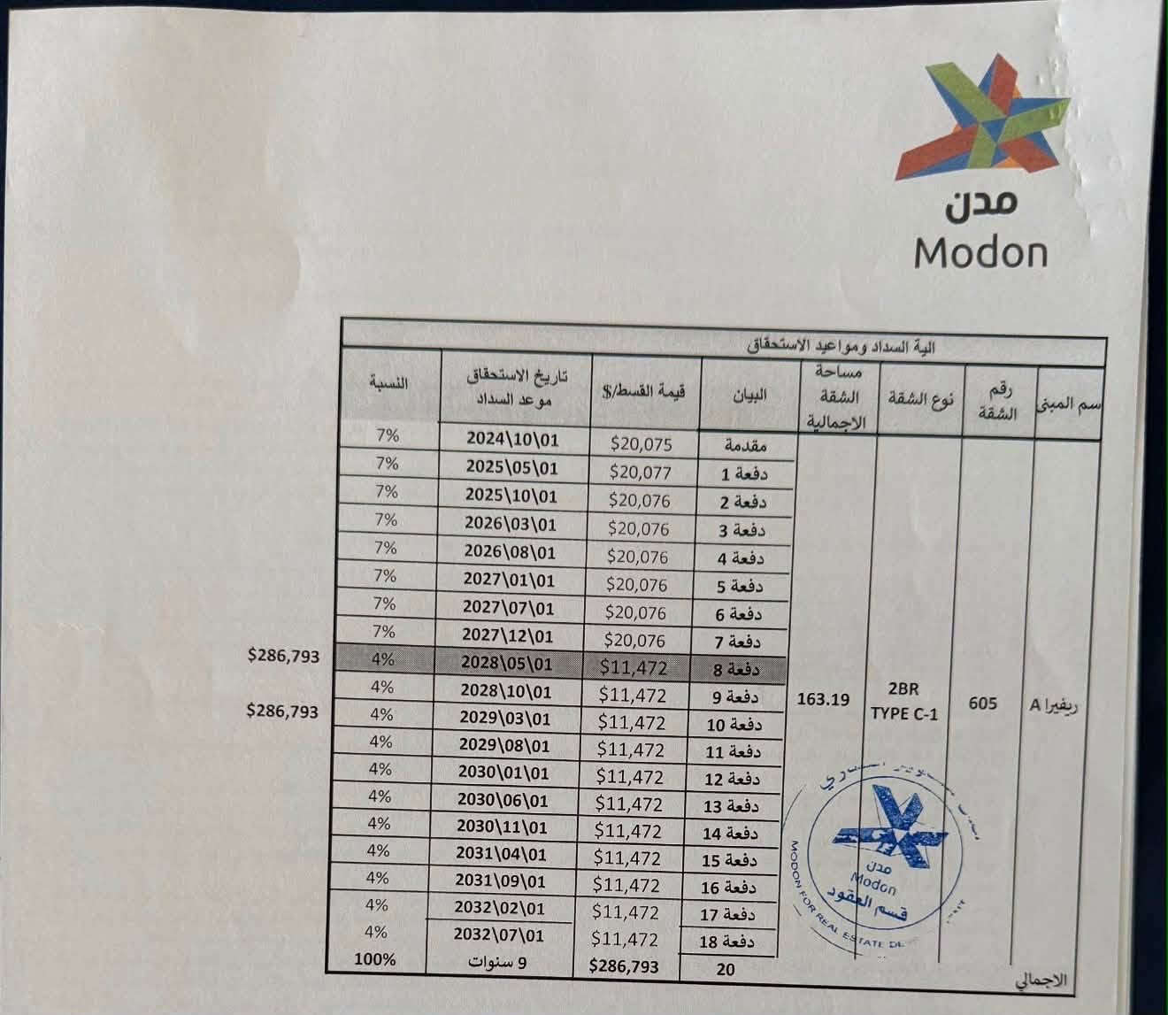 🏡 شقة مميزة للبيع في مجمع البروج – الريفيرا

📍 الموقع: الريفيرا

📐 المساحة: 163.19 م²

🏢 الشقة: ركنية بإطلالة مميزة على البوليفارد

✨ التفاصيل:

• غرفتا نوم

• صالة واسعة

• حمامان

• حمام ضيوف

💰 سعر الشراء: 287,000 دولار

💵 المبلغ المسدد: 102,000 دولار

🔑 فرصة مميزة لامتلاك شقة ركنية بإطلالة مباشرة على البوليفارد في مجمع البروج.

📩 للاستفسار والتفاصيل، مراسلة الخاص 

***********

نص مكتوب في الصور:
- الشرفة
- balcony
- 1.5 x 3.5 m
- المطبخ
- OPEN KITCHEN
- 4.36 x 3.5 m
- غرفة المعيشة
- LIVING ROOM
- 4.2 x 5.7 m
- غرفة نوم رئيسية
- MASTER BED ROOM
- 3.5 x 5.08 m
- الحمام
- M. BATHROOM
- 2.4 x 1.66 m
- ENTRANCE
- 2.26 x 1.66 m
- STORE
- 1.8 x 1m
- BATHROOM
- 2.38 x 1.9 m
- 2 x 1.9 m
- غرفة نوم
- BED ROOM 1
- 4.2 x 3.5 m
- شقة سكنية نوع C1-a
- غرفتين نوم (163.19)م2
- من الطابق 1 إلى 17
- Prezi
