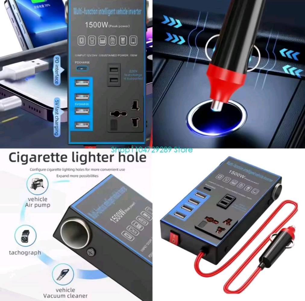 هذا الجهاز هو محول طاقة ذكي ومتعدد الوظائف للسيارة (Car Power Inverter) بقوة تصل إلى 1500 واط، ويقوم بتحويل طاقة بطارية السيارة (12 فولت أو 24 فولت) إلى كهرباء منزلية (220 فولت).💡 المميزات الرئيسيةتحويل الطاقة: يحول التيار المستمر إلى تيار متردد للاستخدام الخارجي.منافذ متعددة: مزود بمنافذ USB للشحن ومخرج كهرباء AC وقابس عالمي.فتحات ولاعة إضافية: يتيح تشغيل أجهزة متعددة مثل منفاخ الهواء أو المكنسة.                                              ✅ الاستخدامات الشائعة :-              التخييم والرحلات: تشغيل الأجهزة الصغيرة والإنارة أثناء السفر.الشحن السريع: شحن الهواتف والأجهزة اللوحية داخل السيارة.الطوارئ: توفير مصدر طاقة بديل عند الحاجة.