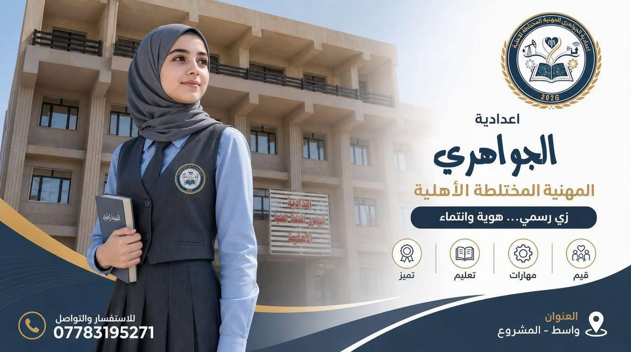 🎓 إعدادية الجواهري المهنية الأهلية المختلطة
✨ ترحّب بكم في العام الدراسي الجديد ✨
تعلن إدارة إعدادية الجواهري المهنية الأهلية المختلطة عن استقبال الطلبة للعام الدراسي الجديد، وبنظام الدوام المنفرد:
🌅 الدوام الصباحي: للبنات
☀️ الدوام الظهري: للبنين

📚 الأقسام المتوفرة:
1️⃣ صيانة الحاسوب
2️⃣ الأجهزة الطبية
3️⃣ الأمن السيبراني
4️⃣ البتروكيمياوي
5️⃣ هندسة الليزر
6️⃣ التربية الرياضية

❤️ دعمًا لأبنائنا وعوائلنا الكريمة
تتوفر تخفيضات خاصة لأبناء الشهداء والعوائل المتعففة، تقديرًا لتضحياتهم ودعمًا لمسيرتهم التعليمية.

🌟 ترحيب بالعالم الجديد… وبداية لمستقبلٍ يصنعه العلم والمهارة.

📞 للاستفسار والتسجيل:
***********
***********

📍 إعدادية الجواهري المهنية الأهلية المختلطة
التميز عنواننا… والمستقبل هدفنا. الموقع المشروع مجاور الجنسيه

نص مكتوب في الصور:
- اعدادية الجواهري المهنية - واسط واسط - الكوت - منطقة المشروع مجاورة لمديرية الجنسية والأحوال المدنية موقع المدرسة الأمن السيبراني تقنيات النفط تجميع وصيانة الحاسوب الأجهزة الطبية الطبية الذكاء الاصطناعي البتروكيمياويات هندسة الليزر بناء قادة المستقبل في التكنولوجيا والابتكار
- اعدادية الجواهري المهنية المختلطة الأهلية زي رسمي... هوية وانتماء تميز تعليم مهارات قيم العنوان واسط - المشروع للاستفسار والتواصل ***********