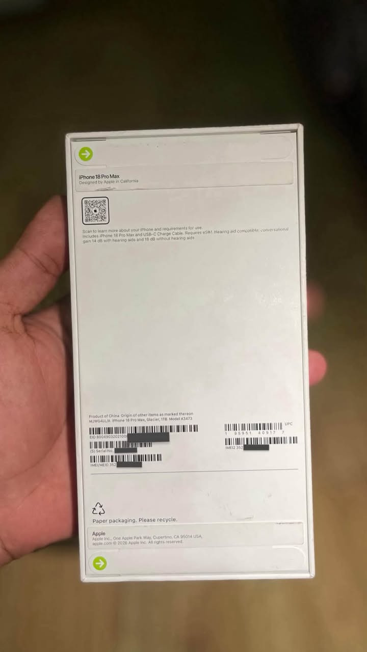ايفون 18 برو ماكس( تيرا ) بالباكيت E sim
( ذاكرة 1 تيرا ) اللون السمائي  
 سعر الواحد 3750- 3 مليون و 750/  مكاني بغداد
للتواصل /***********
