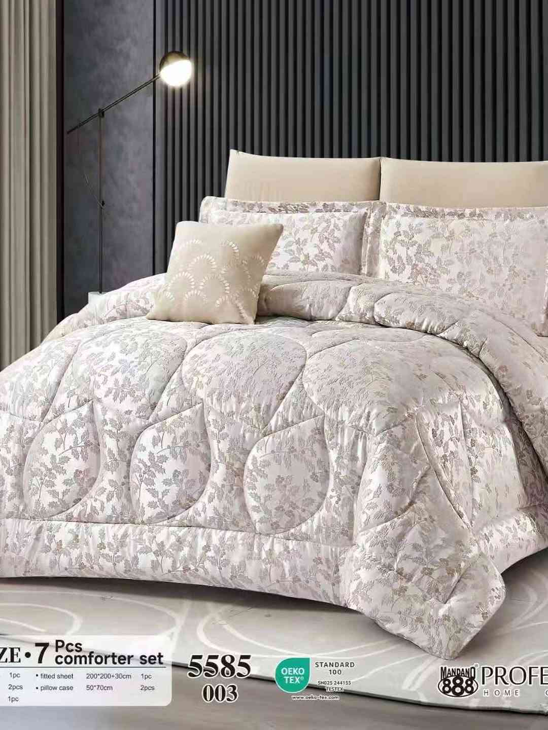 جديد وحصري ل مجمع wana/مفروشات الفردوس
لحاف نفرين 7 قطعة Jacquard ثقيل گيج القماش OEKOTEX
قياس لحاف/ 240+260 King size
قياس شرشف/ 200+200+30 
2 عدد وجه مخدة/ 50+70 Solid 
2 عدد وجه مخدة/ 50+70+5 A 
1 عدد وجه كوشة/ 45+45 embroid
***********
للحجز والاستفسار والتوصيل
#العراق #مفروشات #اثاث #زفاف #اعراس

نص مكتوب في الصور:
- ZE- 7 Pcs comforter set 1pc • fitted sheet 200*200+30cm 1pc 2pcs • pillow case 50*70cm 2pcs 1pc 5585 006 OEKO TEX STANDARD 100 SH025 244155 TESTEX www.oeko-tex.com MANDAND 888 HOME PROFE
- ZE 7 Pcs comforter set 1pc • fitted sheet 200*200+30cm 1pc 2pcs • pillow case 50*70cm 2pcs 1pc 5585 005
- ZE 7 Pcs comforter set 1pc fitted sheet 200*200+30cm 1pc 2pcs pillow case 50*70cm 2pcs 1pc 5585 004 STANDARD 100 SH025 244155 TESTEX www.oeko-tex.com
- 7 Pcs comforter set 1pc fitted sheet 200*200+30cm 1pc 2pcs pillow case 50*70cm 2pcs 1pc 5585 003 OEKO TEX STANDARD 100 SH025 244155 TESTEX www.oeko-tex.com MANDAND 888 HOME PROFE
- ZE • 7 Pcs comforter set 1pc • fitted sheet 200*200+30cm 1pc 2pcs • pillow case 50*70cm 2pcs 1pc 5585 002
- ZE 7 Pcs comforter set 1pc fitted sheet 200*200+30cm 1pc 2pcs pillow case 50*70cm 2pcs 1pc 5585 001 OEKO TEX STANDARD 100 SH025 244155 TESTEX www.oeko-tex.com MANDANO 888 HOME PROFE
- 7 Pcs comforter set 1pc • fitted sheet 200*200+30cm 1pc 2pcs • pillow case 50*70cm 2pcs 5585 006 STANDARD 100 OEKO TEX