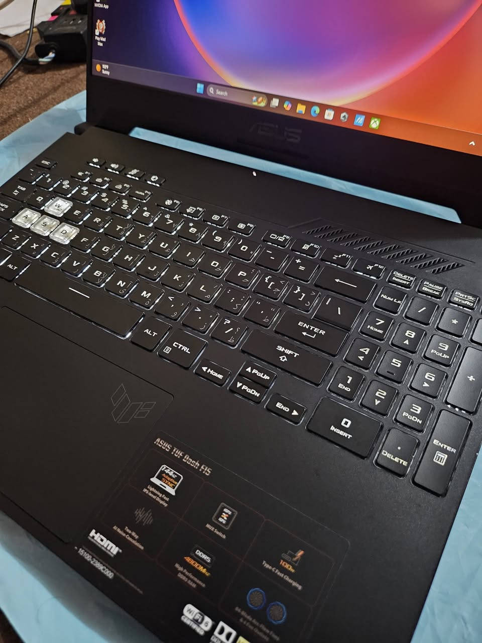 السلام عليكم لابتوب اسوس للبيع 
لابتوب Asus tuf Dash F15 
نظيف جدا استخدام قليل ويا كارتونته وجميع الملحقات 
المواصفات 
I7 12650h 
Ram 16 ddr5 4800hz قطعتين نظام دول شنل 
Rtx 3070 8gb 110w to 120w tourbo 
Ssd 512gb nvme 
Screen 1080p 144hz dsr 
لابتوب قوي بجميع العاب والبرامج الهندسية 
نظيف جدا مع كامل الملحقات 
توصيل موجود 
سعر مليون و 300 الف 
رقمي ***********
