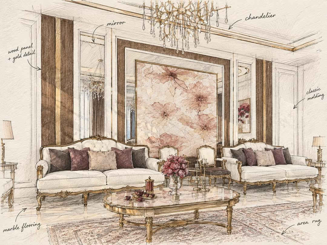تصميم نيوكلاسيك لاستقبال ضيوف، يجمع بين الفخامة والدفء ضمن أجواء متوازنة وأنيقة.🤍✨
اعتمد التصميم على الخشب الطبيعي، المرايا، التفاصيل الذهبية، والأقمشة بدرجات البيج والبني الدافئ، مع لمسات ناعمة من الثريات والأعمال الفنية.

تصميم المهندسة المعمارية ماريا عماد عزيز
مكتب العمران الهندسي

A refined Neo-Classical guest reception, designed with a balance of timeless elegance, warmth, and comfort.

Designed by Arch. Maria Imad Azeez
Al-Omran Engineering Office

نص مكتوب في الصور:
- MOOD BOARD NEW CLASSIC LIVING ROOM A timeless blend of classic elegance and modern refinement, featuring luxurious textures, warm neutrals, and sophisticated details for a graceful and inviting living space. CLASSIC DETAILS LUXURIOUS ACCENTS ELEGANT LIGHTING
- POLISHED MARBLE FLOOR
- RICH WALNUT PANELING
- GILDED BRASS TRIM
- CREAM SOFA FABRIC
- BURGUNDY ACCENT VELVET
- TRADITIONAL RUG TEXTURE
- LIVING ROOM DESIGN PROPOSAL TIMELESS ELEGANCE IN EVERY DETAIL FITMENT SELECTION 3-SEATER SOFA Material: Solid wood + fabric Finish: Antique gold leaf Approx. size: 240 x 100 x 95 cm Style: Classic / Neoclassical ARMCHAIR Material: Solid wood + fabric Finish: Antique gold leaf Approx. size: 75 x 80 x 100 cm Style: Classic / Neoclassical COFFEE TABLE Material: Marble + metal Finish: Gold plating Approx. size: 175 x 90 x 45 cm Style: Classic / Elegant CHANDELIER Material: Brass + crystal Finish: Antique gold Approx. size: Ø 120 x 70 cm Style: Classic / Luxurious SIDE TABLE Material: Metal + marble Finish: Gold plating Approx. size: Ø 60 x 70 cm Style: Classic / Elegant AREA RUG Material: Wool / Silk blend Finish: Hand-knotted look Approx. size: 300 x 200 cm Style: Persian / Traditional DRAWINGS Wall paneling with gold detail Mirrors Crystal chandelier with antique gold finish Floral artwork (as focal point) Classic seating with gold carved frame Persian area rug Oval coffee table (marble + gold metal) Marble flooring (white / cream) Ambient lighting (ceiling + hidden LED) MATERIAL SELECTION Walnut Wood (wall panels) Cream Upholstery (sofas & chairs) Marble / Porcelain Flooring (white / cream) Antique Gold Metal (frames & details) Mirror (vertical panels) Floral Artwork (wall art) Rug Textile (Persian pattern) ELEGANT SPACES FOR A BETTER LIFESTYLE CLASSIC NEOCLASSICAL LUXURY Furniture Selection 3-Seater Sofa Material: Solid wood + fabric Finish: Antique gold leaf Approx. size: 240 x 100 x 95 cm Style: Classic / Neoclassical Armchair Material: Solid wood + fabric Finish: Antique gold leaf Approx. size: 75 x 80 x 100 cm Style: Classic / Neoclassical Coffee Table Material: Marble + metal Finish: Gold plating Approx. size: 175 x 90 x 45 cm Style: Classic / Elegant Chandelier Material: Brass + crystal Finish: Antique gold Approx. size: Ø 120 x 70 cm Style: Classic / Luxurious Side Table Material: Metal + marble Finish: Gold plating Approx. size: Ø 60 x 70 cm Style: Classic / Elegant Area Rug Material: Wool / Silk blend Finish: Hand-knotted look Approx. size: 300 x 200 cm Style: Persian / Traditional Drawings Wall paneling with gold detail Mirrors Crystal chandelier with antique gold finish Floral artwork (as focal point) Classic seating with gold carved frame Persian area rug Oval coffee table (marble + gold metal) Marble flooring (white / cream) Ambient lighting (ceiling + hidden LED) Material Selection Walnut Wood (wall panels) Cream Upholstery (sofas & chairs) Marble / Porcelain Flooring (white / cream) Antique Gold Metal (frames & details) Mirror (vertical panels) Floral Artwork (wall art) Rug Textile (Persian pattern) Classic details create timeless spaces.