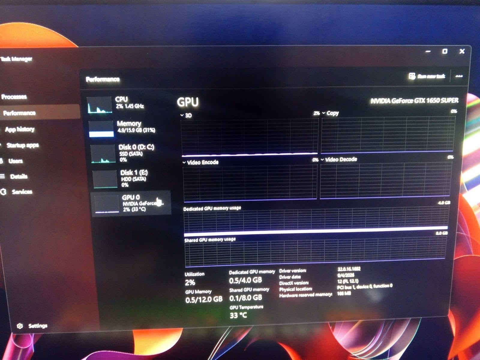 السلام عليكم
للبيع بي سي مستعمل نظيف
المواصفات موضحة بالصور
ماوس rgb وكيبورد rgb وماوس باد
شاشة بلاك ولف 165 هرتز
السعر 600 وبي مجال
مكان بغداد البلديات
للاستفسار ***********
واتساب

نص مكتوب في الصور:
- Performance Run new task CPU 2% 1.69 GHz Memory 5.0/15.9 GB (3 Disk 0 (D:) SSD (SATA) 0% Disk 1 (E:) HDD (SATA) 0% GPU 0 NVIDIA GeForce G... 2% (33 °C) Memory Memory usage 16.0 GB 15.9 GB 60 seconds Memory composition In use (Compressed) 4.9 GB (20.3 MB) Committed 5.9/23.7 GB Paged pool 297 MB Available 10.9 GB Cached 2.8 GB Non-paged pool 335 MB Speed: Slots used: Form factor: Hardware reserved: 2666 MT/s 2 of 2 DIMM 64.8 MB
- Task Manager Processes Performance App history Startup apps Users Details Services Settings Performance CPU 2% 1.45 GHz Memory 4.9/15.9 GB (31%) Disk 0 (C:) SSD (SATA) 0% Disk 1 (E:) HDD (SATA) 0% GPU 0 NVIDIA GeForce... 2% (33 °C) GPU 3D 2% Copy 0% Video Encode 0% Video Decode 0% NVIDIA GeForce GTX 1650 SUPER 4.0 GB 8.0 GB Dedicated GPU memory usage Shared GPU memory usage Utilization 2% GPU Memory 0.5/12.0 GB Dedicated GPU memory 0.5/4.0 GB Shared GPU memory 0.1/8.0 GB GPU Temperature 33 °C Driver version: 32.0.16.1682 Driver date: 9/4/2026 DirectX version: 12 (FL 12.1) Physical location: PCI bus 1, device 0, function 0 Hardware reserved memory: 166 MB
- Performance CPU Intel(R) Core(TM) i5-9400F CPU @ 2.90GHz 100% CPU % Utilization 60 seconds Utilization 59% Speed 3.76 GHz Processes 181 Threads 2692 Handles 81959 Up time 0:01:01:04 Base speed: 2.90 GHz Sockets: 1 Cores: 6 Logical processors: 6 Virtualization: Disabled Hyper-V support: Yes L1 cache: 384 KB L2 cache: 1.5 MB L3 cache: 9.0 MB Memory 5.1/15.9 GB (32%) Disk 0 (C:) SSD (SATA) 41% Disk 1 (E:) HDD (SATA) 0% GPU 0 NVIDIA GeForce G... 2% (34 °C) Settings Run new task
- CPU 3% 1.68 GHz Memory 5.0/15.9 GB (31%) Disk 0 (D: C:) SSD (SATA) 0% Disk 1 (E:) HDD (SATA) 0% GPU 0 NVIDIA GeForce G... 2% (33 C) Performance Disk 0 (D: C:) Active time Lexar 256GB SSD 100% 60 seconds Disk transfer rate 0 100 MB/s 60 MB/s 0 60 seconds Active time 0% Average response time 0.2 ms Capacity Formatted System disk Page file Type 239 GB 239 GB Yes Yes SSD (SATA) Read speed 0 KB/s Write speed 4.1 KB/s Run new task Settings