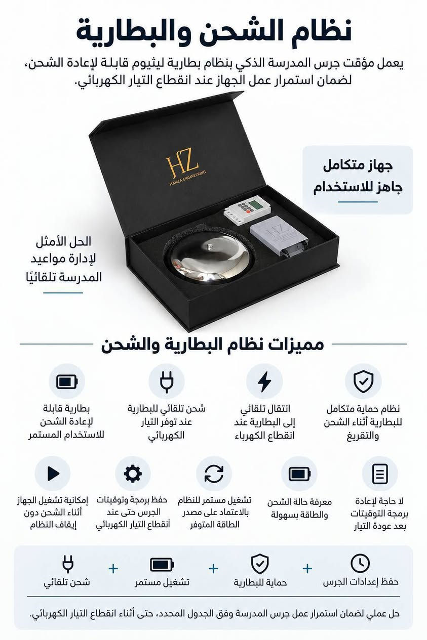 🔔 مؤقت جرس المدرسة الذكي 🔔

بنظامين 
 ⚡️ نظام الكهرباء مع الجرس القديم ⚡️
                جهاز التوقيت فقط

  ⚡️ نظام الشحن مع جرس جديد⚡️
         جهاز مع جرس مع بطارية

من المجموعة الهندسية 

وداعاً لانشغال الإدارة والمعلمين بمواعيد رن الجرس اليدوي! 👋

مع مؤقت جرس المدرسة الذكي يتم تشغيل جرس المدرسة تلقائيًا حسب جدول الدروس والاستراحات، من بداية الدوام وحتى نهايته، وعلى مدار أيام الأسبوع.

🔔 مميزات الجهاز:

1️⃣ دقة عالية في توقيت رن الجرس، تصل إلى الثانية.
2️⃣ لا يحتاج إلى جهاز كمبيوتر للعمل.
3️⃣ إمكانية تخزين جميع مواعيد رن الجرس مسبقًا.
4️⃣ سهل جدًا في التركيب والتشغيل.
5️⃣ سهولة إعداد وتعديل مواعيد رن الجرس.
6️⃣ أداء دقيق وكفاءة عالية في التشغيل.
7️⃣ إمكانية التحكم بأكثر من جرس كهربائي.
8️⃣ يدعم الدوام الصباحي والمسائي.
9️⃣ يعمل تلقائيًا دون الحاجة إلى تشغيل الجرس يدويًا كل مرة.
🔟 يحفظ التوقيتات المدرسية حتى عند انقطاع الكهرباء ولفترة تصل 360 يوم .

🏫 ملاحظة:
النظام الاول / نظام الكهرباء المباشرة. ربط الجهاز مباشرةً مع جرس المدرسة الكهربائي، ليقوم بتشغيله تلقائيًا وفق الأوقات التي يتم برمجتها مسبقًا.
النظام الثاني / نظام الشحن والبطارية . ربط الجهاز مع الجرس الجديد الخاص بالبكج والشحن يستمر، لعدة ايام . 

🔔 نظّم وقت مدرستك… ودع الجرس يعمل تلقائيًا.
*********** واتساب 
المهندس علاء الماجدي.

نص مكتوب في الصور:
- متوفر ثلاثة أنواع لجرس المدرسة الإلكتروني
- جرس المدرسة بنظام الكهرباء
- جرس المدرسة بنظام الشحن والبطارية
- جرس المدرسة بنظام الطاقة الشمسية
- نظام الشحن والبطارية يعمل مؤقت جرس المدرسة الذكي بنظام بطارية ليثوم قابلة لإعادة الشحن، لضمان استمرار عمل الجهاز عند انقطاع التيار الكهربائي. جهاز متكامل جاهز للاستخدام الحل الأمثل لإدارة مواعيد المدرسة تلقائيًا مميزات نظام البطارية والشحن نظام حماية متكامل للبطارية أثناء الشحن والتفريغ انتقال تلقائي إلى البطارية عند انقطاع الكهرباء شحن تلقائي للبطارية عند توفر التيار الكهربائي بطارية قابلة لإعادة الشحن للاستخدام المستمر لا حاجة لإعادة برمجة التوقيتات بعد عودة التيار معرفة حالة الشحن والطاقة بسهولة تشغيل مستمر للنظام بالاعتماد على مصدر الطاقة المتوفر حفظ برمجة وتوقيتات الجرس حتى عند انقطاع التيار الكهربائي إمكانية تشغيل الجهاز أثناء الشحن دون إيقاف النظام حفظ إعدادات الجرس + حماية للبطارية + تشغيل مستمر + شحن تلقائي حل عملي لضمان استمرار عمل جرس المدرسة وفق الجدول المحدد، حتى أثناء انقطاع التيار الكهربائي.
- مؤقت جرس المدرسة الذكي بنظام الكهرباء من المجموعة الهندسية وداعاً لانشغال الإدارة والمعلمين بمواعيد رن الجرس! يتم تشغيل جرس المدرسة تلقائياً حسب جدول الدروس والاستراحات، من بداية الدوام وحتى نهايته، وعلى مدار أيام الأسبوع. مميزات الجهاز 1 دقة عالية في توقيت رن الجرس، تصل إلى الثانية. 2 لا يحتاج إلى جهاز كمبيوتر للعمل. 3 إمكانية تخزين جميع مواعيد رن الجرس مسبقاً. 4 سهل جداً في التركيب والتشغيل. 5 سهولة إعداد وتعديل مواعيد رن الجرس. 6 أداء دقيق وكفاءة عالية في التشغيل. 7 إمكانية التحكم بأكثر من جرس كهربائي. 8 يدعم الدوام الصباحي والمسائي. 9 يعمل تلقائياً دون الحاجة إلى تشغيل الجرس يدوياً كل مرة. 10 يحفظ التوقيتات المدرسية حتى عند انقطاع الكهرباء ولفترة تصل 360 يوم. ملاحظة: الجهاز يتم ربطه مباشرةً مع جرس المدرسة الكهربائي، ليقوم بتشغيله تلقائياً وفق الأوقات التي يتم برمجتها مسبقاً. المجموعة الهندسية Hamza Engineering Group نظم وقت مدرستك... ودع الجرس يعمل تلقائياً.