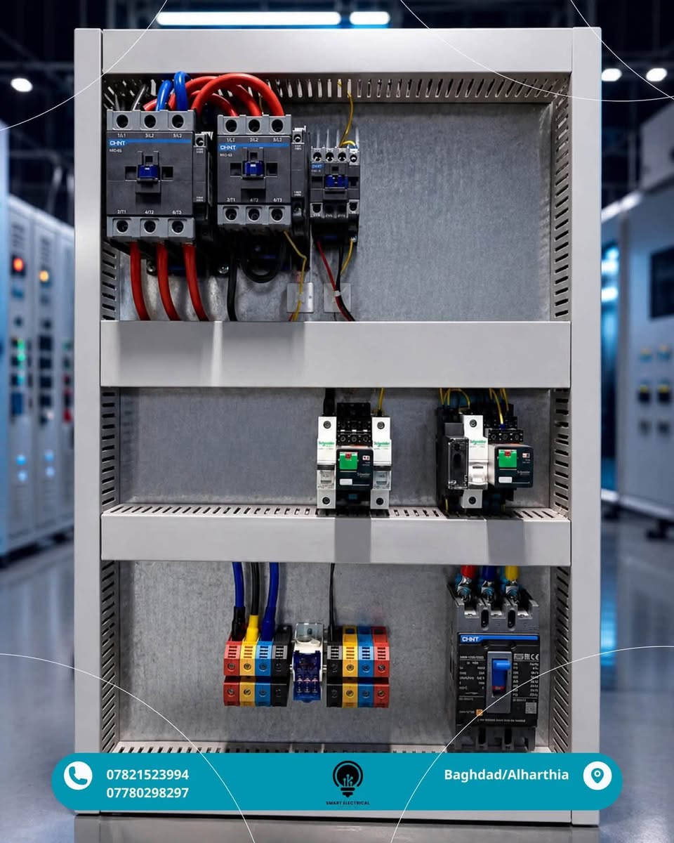 ⁨	⚡️ لأن كل مشروع ناجح يبدأ بسيطرة كهربائية موثوقة.
نقدم خدمات تصميم وتصنيع بوردات السيطرة الكهربائية بأعلى معايير الجودة والدقة، لتناسب احتياج مشروعك مهما كان حجمه.

✅ بوردات ATS أوتوماتيكية
✅ بوردات تشغيل وحماية المحركات
✅ تصميم وتنفيذ حسب الطلب
✅ مكونات أصلية من أفضل الماركات
✅ فحص وتجربة كاملة قبل التسليم
✅ دعم فني واستشارة هندسية

إذا تبحث عن جودة، أمان، واعتمادية… تواصل ويانه وخلي تنفيذ مشروعك بإيد مختصين.

📩 راسلنا الآن للاستفسار أو طلب عرض سعر
***********
***********

#كهرباء #بوردات_كهربائية #هندسة_كهربائية

نص مكتوب في الصور:
- *********** *********** SMART ELECTRICAL Baghdad/Alharthia
- *********** 0780298297 SMART ELECTRICAL Baghdad/Alharthia