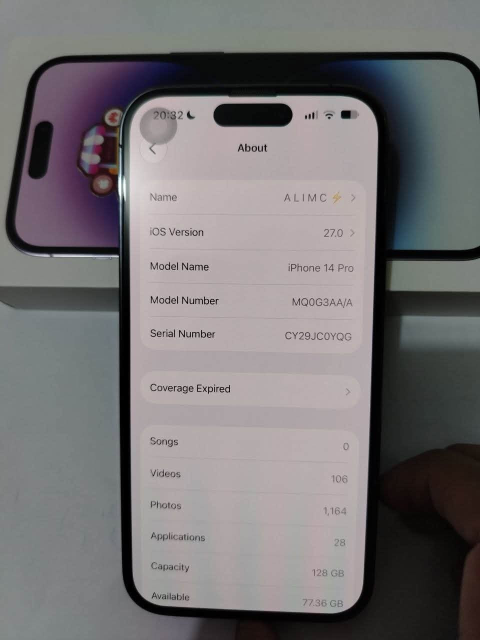 السلام عليكم
ايفون 14pro ( الصغير ) للبيع جهاز لوك نضيف مامفتوح ولاداخل صيانه خدش مابي شرق اوسط 
ذاكرة 128
بطارية 81 
السعر 630 وبي مجال قليل 
مكانه مركز الحلة.

نص مكتوب في الصور:
- THE STORE موبايل ستور MOBILE TAGLINE HERE *********** *********** a.s10n العنوان : سبب - شارع البلدية
- موبایل ستور THE STORE TAGLINE HERE MOBILE a.s10n العنوان : المسيب شارع البلدية *********** ***********
- THE STORE MOBILE
- موبايل ستور
- TAGLINE HERE
- ***********
- ***********
- العنوان : تسبح
- شارع البلدية
- a.s10n
- 20:32 About Name ALIMC iOS Version 27.0 Model Name iPhone 14 Pro Model Number MQ0G3AA/A Serial Number CY29JC0YQG Coverage Expired Songs 0 Videos 106 Photos 1,164 Applications 28 Capacity 128 GB Available 77.36 GB