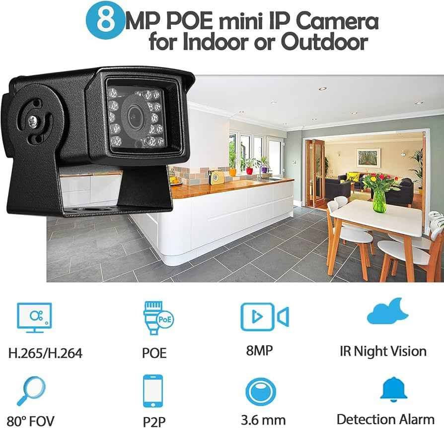 REVODATA Mini POE IP Camera (Model: I704-P-HS82) :
------------------------------
## 📑 کوردی (Kurdish)
کامێرای چاودێری REVODATA HD 8MP Mini POE کامێرایەکی بچووک، بەهێز و هۆشمەندە کە بۆ ناوەوە و دەرەوەی خانوو یاخود شوێنی کارەکەت گونجاوە.
## 🌟 لۆگۆ و پێکهاتەی دەرەکی

* براند و مۆدێل: REVODATA (مۆدێلی I704-P-HS82).
* پێکهاتە: خاوەنی جەستەیەکی کانزایی بەهێزە (Metal case) لەگەڵ ڕاگرێکی گونجاو (Mounting Bracket) بۆ جێگیرکردن بە دیوار یان سەقف.
* دژە ئاو (IP65): دیزاین کراوە بۆ بەرگەگرتنی باران و تۆزوخۆڵ، بۆیە بە ئاسانی لە دەرەوەش دادەنرێت.

## 📺 تایبەتمەندییە تەکنیکییەکان و شاشە

* ڕوونی وێنە (8MP): پێشکەشکردنی کوالێتییەکی زۆر بەرز (Ultra HD) بۆ بینینی وردەکارییەکان.
* هاوێنە (Lens): قەبارەی 3.6mm لەگەڵ گۆشەی بینینی 80° FOV کە ڕووبەرێکی باش دەپۆشێت.
* بینینی شەوانە (IR Night Vision): خاوەنی 18 لیدی جۆری IR (باندەکەی 850nm)، کاتێک ڕووناكی کەم دەبێتەوە خۆکارانە وێنەکە دەکاتە ڕەش و سپی ڕوون.

## ⚙️ تەرتیبات و بەستن (POE Support)

* تەکنەلۆژیای POE: کورتکراوەی (Power Over Ethernet)، واتە تەنها بە یەک وایەری نێتۆرک (LAN) هەم هێڵی ئینتەرنێت و هەم کارەبای 48V بۆ کامێراکە دابین دەبێت.
* کۆدکردنی H.265/H.264: توانای پاشەکەوتکردنی هەیە بە سیستەمێکی پێشکەوتوو کە 50% هێڵی ئینتەرنێت و 50% شوێنی میمۆری دەپارێزێت.
* ئاگادارکەرەوەی جووڵە (Motion Detection): کاتێک جووڵەیەک لە بەردەم کامێراکە ڕوودەدات، ئاگادارکەرەوە (Alarm) دەنێرێت بۆ مۆبایلەکەت لە ڕێگەی سیستەمی P2P.

⚠️ تێبینی گرنگ: ئەم کامێرایە لە ناو پاکەتەکەیدا ئامێری کارەبایی (Power Unit) لەگەڵ نییە، چونکە لە ڕێگەی کێبڵی POE کارەبا وەردەگرێت.
------------------------------
## 📑 اللغة العربية (Arabic)
كاميرا المراقبة المصغرة REVODATA HD 8MP Mini POE هي خيار احترافي وذكي لحماية المنازل والمنشآت من الداخل والخارج.
## 🌟 الشعار والتصميم الخارجي

* العلامة التجارية والموديل: REVODATA (موديل I704-P-HS82).
* الهيكل: تأتي بهيكل معدني متين (Metal case) مع قاعدة تثبيت قابلة للتعديل (Mounting Bracket).
* مقاومة الماء (IP65): محمية بالكامل ضد المطر والغبار والظروف الجوية المختلفة للاستخدام الخارجي.

## 📺 المواصفات التقنية والرؤية

* دقة الصورة (8MP): توفر جودة عالية جداً (Ultra HD) لتوضيح كافة التفاصيل بدقة متناهية.
* العدسة (Lens): بحجم 3.6mm مع زاوية رؤية واسعة تصل إلى 80° FOV.
* الرؤية الليلية (IR Night Vision): تحتوي على 18 مصباح LED بالأشعة تحت الحمراء (850nm)، تتحول تلقائياً إلى الأبيض والأسود عالي الوضوح عند انخفاض الإضاءة.

## ⚙️ الإعدادات والاتصال (POE Support)

* تقنية POE: تعني (Power Over Ethernet)، حيث يتم نقل الطاقة والبيانات معاً عبر كابل شبكة واحد فقط (48V 802.3af)، مما يغنيك عن تمديد أسلاك كهرباء إضافية.
* ترميز H.265 / H.264: تقنية ضغط فيديو متطورة توفر 50% من حجم التخزين و50% من استهلاك شبكة الإنترنت.
* استشعار الحركة (Motion Detection): يقوم الجهاز بإرسال تنبيهات فورية (Alarm) إلى هاتفك الذكي عبر تطبيق P2P عند رصد أي حركة مشبوهة.

⚠️ ملاحظة مهمة: علبة المنتج لا تحتوي على محول طاقة (Power Unit) منفصل، حيث تعتمد الكاميرا على طاقة كابل الـ POE.
ئایا دەتەوێت بزانیت چۆن کامێراکە بە مۆبایلەکەتەوە دەبەستیتەوە، یان پێویستت بە ڕوونکردنەوەی زیاترە لەسەر کێبڵی POE؟
هل ترغب في معرفة كيفية ربط الكاميرا بالهاتف، أم تحتاج إلى مزيد من التفاصيل حول كابل الـ POE؟ السليمانية, العراق

نص مكتوب في الصور:
- Copy Translate Select all 8MP POE IP Small Camera,IR Night Vision 3.6mm Lens ni Cam IP65 Waterproof REVODATA HD 8MP Mini POE IP Security Camera Indoor/Outdoor Waterproof IR Night Vision H.265 Motion Detection (I704-P-HS82) Color: 3.6mm Lens black 850nm light I704-P-HS82 2.8mm-12... 1 option from $64.89 3.6m Len... 1 option from $60.69 3.7mm Len. 1 option from $59.59
- 8 MP POE mini IP Camera for Indoor or Outdoor H.265/H.264 POE 8MP IR Night Vision 80° FOV P2P 3.6 mm Detection Alarm
- IR Night Vision The camera is designed with a camera infrared LED with a sensor, and when the ambient light drops below a certain point in the dark, the device inside the camera changes from color to black and white and turns on the LED.
- IP65 Waterproof With the rugged metal housing, this 5MP PoE IP security camera can keep guard anywhere,outdoor or indoor, and in any harsh weather conditions. -20 C 60 C
- 15:11 Device message Now Motion detection Motion Detection Alarm and P2P Cloud Function Support motion detection and P2P cloud function, Once human movement is detected, you will receive an alarm message on your phone.
- 3.6mm lens
- 18pcs LED
- Metal case
- 8 cm
- 6.5 cm
- 6.7 cm
- Screw Hole
- Mounting Bracket
- PoE LAN Port
- (Data+Power)
- Extra Power Port
- (DC 5.5x2.1mm)
- Package Including:
- Camera
- User Manual
- Screws Set
- Waterproof Cap
- Package Box
- Note: This product do not including the power unit.
- Color: 3.6mm Lens black 850nm light I704-P-HS82 2.8mm-12... 1 option from $64.89 3.6mm Len... 1 option from $60.69 3.7mm Len. 1 option from $59.59 This item cannot be shipped to your selected delivery location. Please choose a different delivery location. Add to List Report an issue with this product or seller Product details Top highlights Recomme... ecurity Uses For Product Brand REVODATA Model Name I704-P-HS82 Item saved to clipboard
