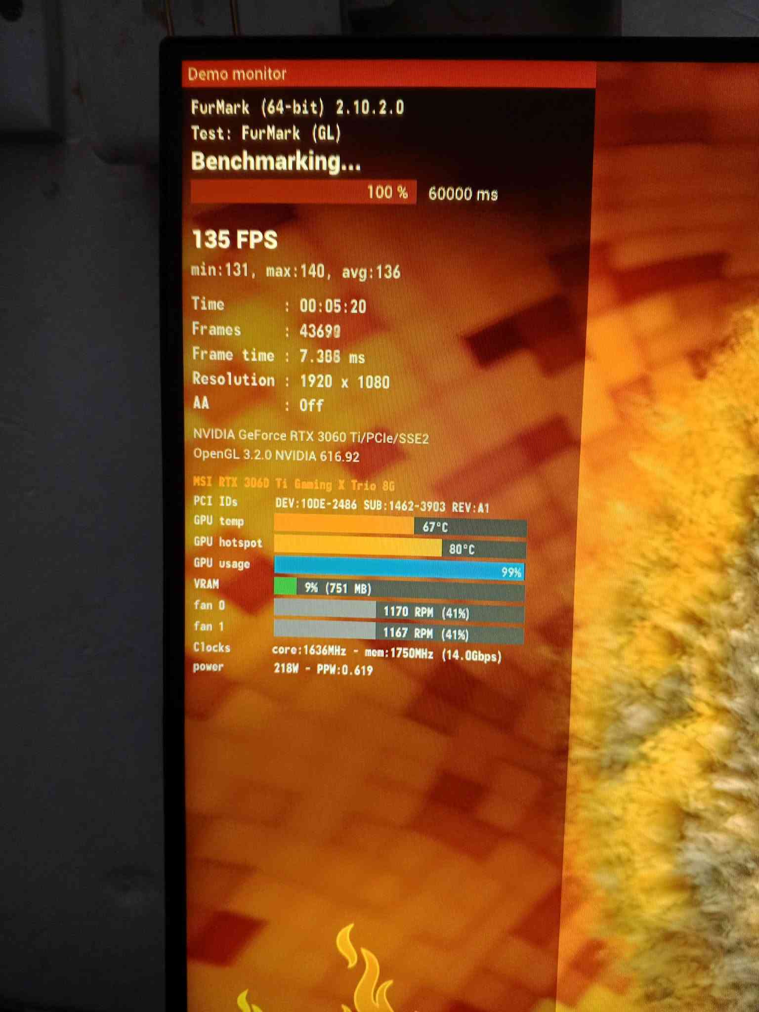 قطع PC مستخدمة للبيع
CPU : INTEL CORE I5-12400F — 150 الف

MB : ASUS PRIME B760-PLUS D4 — 135 الف

GPU : MSI RTX 3060 Ti GAMING X TRIO — 400 الف

RAM : T-FORCE 32GB (4×8GB) DDR4 3600MHz — 250 الف

POWER SUPPLY : FSP HYDRO PRO 800W — 70 الف

M.2 NVMe 256GB — 40 الف

SSD : TEAM GROUP T-FORCE VULCAN Z 1TB — 110 الف

الموقع : كربلاء

متوفر توصيل جميع المحافظات ***********

نص مكتوب في الصور:
- Demo monitor
- FurMark (64-bit) 2.10.2.0
- Test: FurMark (GL)
- Benchmarking...
- 100% 60000 ms
- 135 FPS
- min:131, max:140, avg:136
- Time : 00:05:20
- Frames : 43699
- Frame time : 7.386 ms
- Resolution : 1920 x 1080
- AA : Off
- NVIDIA GeForce RTX 3060 Ti/PCIe/SSE2
- OpenGL 3.2.0 NVIDIA 616.92
- MSI RTX 3060 Ti Gaming X Trio 8G
- PCI IDs DEV:10DE-2486 SUB:1462-3903 REV:A1
- GPU temp 67°C
- GPU hotspot 80°C
- GPU usage 99%
- VRAM 9% (751 MB)
- fan 0 1170 RPM (41%)
- fan 1 1167 RPM (41%)
- Clocks core:1636MHz - mem:1750MHz (14.0Gbps)
- power 218W - PPW:0.619
