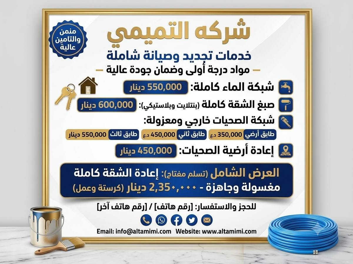 السلام عليكم
الاسعار ماكو منها والعمل درجه اولى وضمان جوده عاليه 

اشتغلك عجبك الشغل ع راسي 

ماعجبك اخسرلك وانطيك الفلوس

نص مكتوب في الصور:
- شركة التميمي للترميمات العامة
- AL-TAMIMI GENERAL MAINTENANCE CO.
- إدارة: سجاد التميمي - أبو بنين
- خدماتنا
- ترميز كافه المنازل والشقق السكنيه
- عمالة درجة أولى لكافة الاختصاصات
- العمل داخل المحموديه فقط
- *********** | *********** | ***********
- شركة التميمي s19_982 Sajjad Al-Tamimi
- لايوجد نظام أقساط
- منمن والتامين عالية شركة التميمي شركه التميمي أسعار تنافسية وعمل درجة أولى إعادة تأسيس شبكة ماء كاملة 250,000 (عمل فقط) إعادة الصبغ درجة أولى كاملة 350,000 (عمل فقط) إعادة شبكة الصحيات كاملة 200,000 (عمل فقط) إعادة أرضية الصحيات كاملة 250,000 (عمل فقط) العمل درجة أولى وضمان جودة العمل العرض الشامل (تستلم مفتاح) 1,250,000 دينار (عمل فقط) إعادة الشقة كاملة مغسولة وجاهزة للحجز والاستفسار: [رقم هاتف] / [رقم هاتف آخر] Email: info@altamimi.com Website: www.altamimi.com
- شركة التميمي
- خدمات تجديد وصيانة شاملة
- - مواد درجة أولى وضمان جودة عالية -
- شبكة الماء كاملة: 550,000 دينار
- صبغ الشقة كاملة (بنتلايت وبلاستيكي): 600,000 دينار
- شبكة الصحيات خارجي ومعزولة:
- طابق أرضي 350,000 د.ع | طابق ثاني 450,000 د.ع | طابق ثالث 550,000 دينار
- إعادة أرضية الصحيات: 450,000 دينار
- العرض الشامل (تسلم مفتاح): إعادة الشقة كاملة مغسولة وجاهزة - 2,350,000 دينار (كرستة وعمل)
- للحجز والاستفسار: [رقم هاتف] / [رقم هاتف آخر]
- Email: info@altamimi.com Website: www.altamimi.com
- منمن والتامين عالية