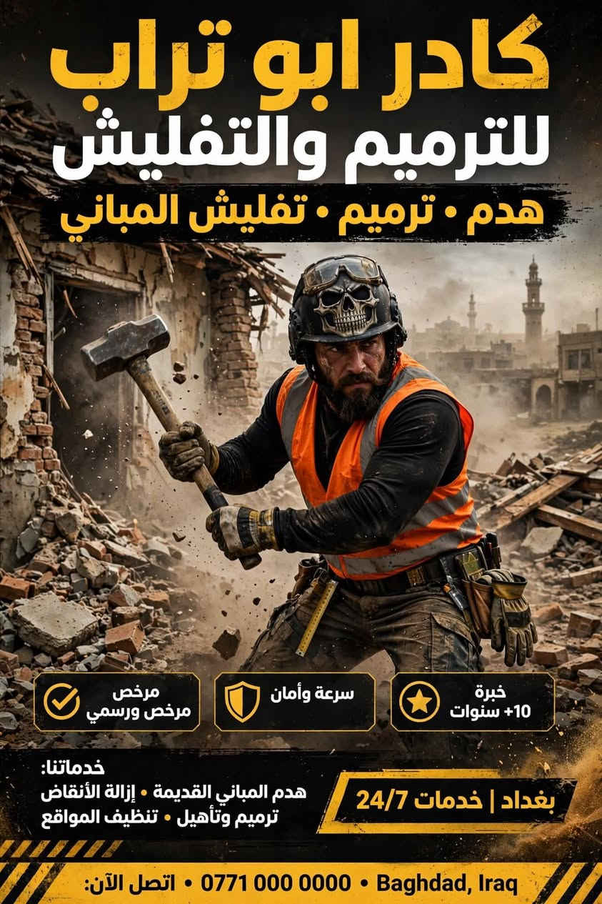 لا توجد تفاصيل

نص مكتوب في الصور:
- كادر ابو تراب للترميم والتفليش
- هدم . ترميم . تفليش المباني
- مرخص
- مرخص ورسمي
- سرعة وأمان
- خبرة
- 10+ سنوات
- خدماتنا:
- هدم المباني القديمة . إزالة الأنقاض
- ترميم وتأهيل . تنظيف المواقع
- بغداد | خدمات 24/7
- اتصل الآن: *********** . Baghdad, Iraq
- كادر علي ابو تراب - تفليش وصب وتنظيف بغداد خدماتنا: تفليش سقوف جدران ارضيات - قلع كاشي وشتايكر - صب رباطات درج بيتونة - عدل ارضية بحادلة - تنظيف البيوت - تصعيد مواد اتصل الآن: *********** متواجدون 24/7 • خدمة سريعة داخل بغداد عمل احترافي • معدات حديثة • أمان أولاً
- خدمات طقم الهدم هدم المباني • إزالة الخرسانة • إزالة الأنقاض • خدمات هدم احترافية خدماتنا: هدم المباني السكنية والتجارية إزالة الهياكل الخرسانية والمعدنية تنظيف وإزالة المخلفات والنفايات سلامة وأمان معدات ثقيلة حديثة هدم سريع وفعال مرخصون ومعتمدون | استجابة 24/7 اتصل الآن للحصول على عرض سعر مجاني! *********** متوفرون 24/7 - خدمة سريعة • أسعار منافسة • عمل احترافي مضمون خدمات الهدم ثقة واحترافية التزام بالمواعيد فريق خبير ومدرب جودة مضمونة نلتزم بمعايير السلامة والبيئة
- كادر تفليش وصب وتنظيف بغداد
- . تفليش سقوف . جدران . ارضيات - قلع كاشي وشتايكر
- . صب رباطات . درج بيتونة - حدل ارضية بحادلة
- . تنظيف البيوت - تصعيد مواد
- اتصل الآن:
- ***********
- عمل احترافي . سرعة . جودة . التزام