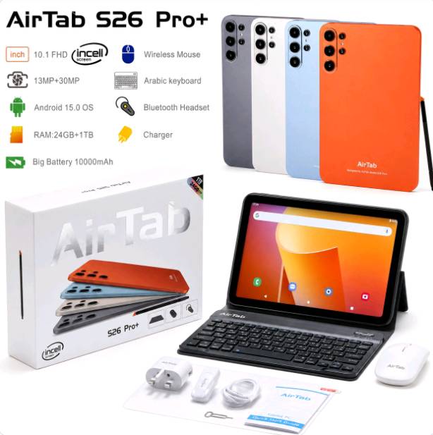 وصف المنتج
تابلت AirTab S26 PRO مناسب للدراسة، الشغل، التصفح، الاجتماعات ومشاهدة الفيديوهات. يجي بشاشة كبيرة 10.1 إنش FHD Incell، رام 24GB ومساحة تخزين 1TB حتى تستخدم التطبيقات وتحفظ ملفاتك براحة. الجهاز يشتغل بنظام Android 15 ومعاه كيبورد عربي، ماوس لاسلكي، سماعة بلوتوث، شاحن وقلم، يعني تاخذه كامل وجاهز للاستخدام اليومي.
المواصفات الأساسية
الماركة: AirTab
 الموديل: AirTab S26 PRO
 نوع المنتج: تابلت 5G مع كيبورد وماوس
 حجم الشاشة: 10.1 إنش
 نوع الشاشة: FHD Incell
 نظام التشغيل: Android 15
 المعالج: MediaTek
 الذاكرة العشوائية: 24GB RAM
 المساحة الداخلية: 1TB Storage
 الكاميرا الخلفية: 30MP
 الكاميرا الأمامية: 13MP
 البطارية: 10000mAh
 الشبكة والاتصال: يدعم 5G
 الكيبورد: كيبورد عربي
 الألوان المتاحة: رمادي، أبيض، أزرق فاتح، برتقالي
 بلد الصنع: الصين
محتويات العبوة
تابلت AirTab S26 PRO
 كيبورد عربي
 ماوس لاسلكي
 سماعة بلوتوث
 قلم لمس
 شاحن
 كابل شحن
 دليل استخدام
 علبة المنتج
المميزات باللهجة العراقية
شاشة كبيرة 10.1 إنش
 تعطيك مشاهدة أوضح وتجربة أريح بالدراسة، الشغل والفيديوهات.
رام 24GB ومساحة 1TB
 تشغل تطبيقاتك بسلاسة وتحفظ ملفاتك، صورك وفيديوهاتك بدون قلق من المساحة.
بطارية قوية 10000mAh
 تخليك تستخدم الجهاز وقت طويل خلال اليوم بدون شحن متكرر.
يجي كامل وياك
 كيبورد عربي، ماوس، سماعة بلوتوث، قلم وشاحن، يعني ما تحتاج تشتري ملحقات إضافية.
نظام Android 15
 سهل بالاستخدام ويدعم أغلب التطبيقات اللي تحتاجها يوميًا.
يدعم 5G
 تصفح أسرع، تحميل أسهل، واجتماعات أونلاين بثبات أفضل.
تفاصيل سريعة
الشاشة: 10.1 إنش FHD Incell
 الرام: 24GB
 التخزين: 1TB
 البطارية: 10000mAh
 النظام: Android 15
 الكاميرا: 13MP + 30MP
 الإضافات: كيبورد عربي + ماوس + سماعة بلوتوث + قلم
 الشبكة: 5G