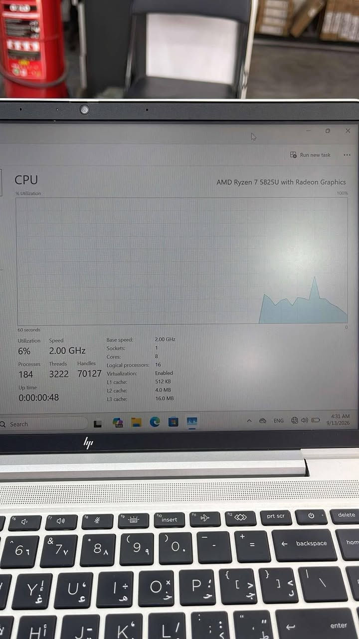 HP PROBOOK 645 G9
CPU: RYZEN 7 5825U

المعالج قوي  يعادل CORI 7 GEN 12  

مناسب للالعاب والبرامج الهندسيه 

RAM: 8 GB DDR4

HARD: 256 GB SSD
16 خيط (Threads)
 
8 أنوية (Cores)

داخلي GPU: AMD SHARED 4G

SCREEN: 14.0" FHD

نظافه 95% 

التوصيل مجاني + ضمان صيانه 

السعر 475 الف 

واتساب ***********

نص مكتوب في الصور:
- AMD Ryzen 7 5825U with Radeon Graphics 60 seconds Utilization 6% Speed 2.00 GHz Processes 184 Threads 3222 Handles 70127 Up time 0:00:00:48 Base speed: 2.00 GHz Sockets: 1 Cores: 8 Logical processors: 16 Virtualization: Enabled L1 cache: 512 KB L2 cache: 4.0 MB L3 cache: 16.0 MB