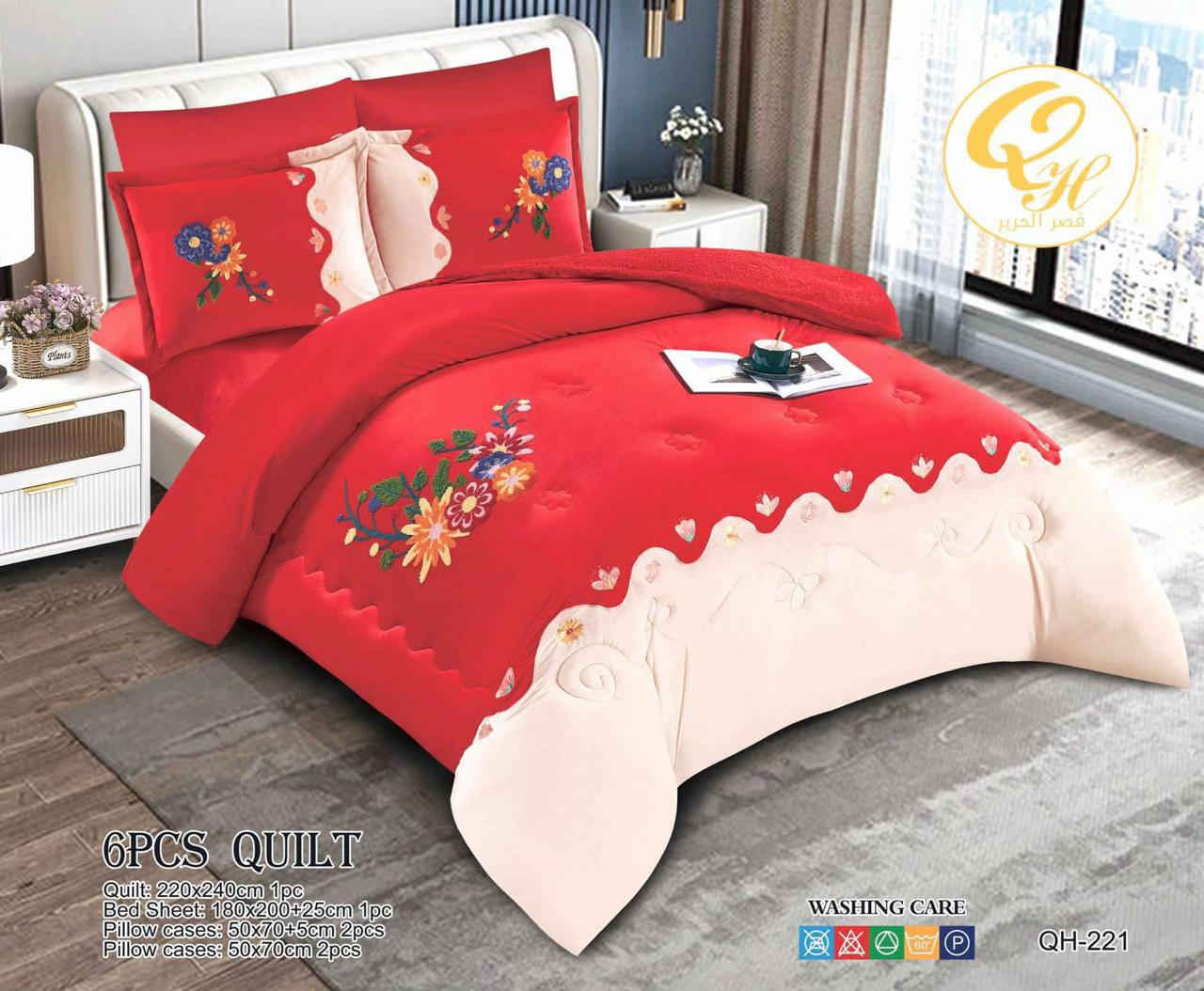 # مفروشات ابو قصي # سوق الشعبي 

نص مكتوب في الصور:
- لحاف تطريز اصلي ضهر فرو 6 قطع 6PCS QUILT Quilt: 220x240cm 1pc Bed Sheet: 180x200+25cm 1pc Pillow cases: 50x70+5cm 2pcs Pillow cases: 50x70cm 2pcs WASHING CARE QH-221
- 6PCS QUILT
- Quilt: 220x240cm 1pc
- Bed Sheet: 180x200+25cm 1pc
- Pillow cases: 50x70+5cm 2pcs
- Pillow cases: 50x70cm 2pcs
- قصر الحرير
- WASHING CARE
- QH-221
- وصول لحاف تطريز اصلي ضهر فرو 6 قطع 6PCS QUILT Quilt: 220x240cm 1pc Bed Sheet: 180x200+25cm 1pc Pillow cases: 50x70+5cm 2pcs Pillow cases: 50x70cm 2pcs WASHING CARE QH-221
- 6PCS QUILT Quilt: 220x240cm 1pc Bed Sheet: 180x200+25cm 1pc Pillow cases: 50x70+5cm 2pcs Pillow cases: 50x70cm 2pcs WASHING CARE QH-221 قصر الحرير
- QH