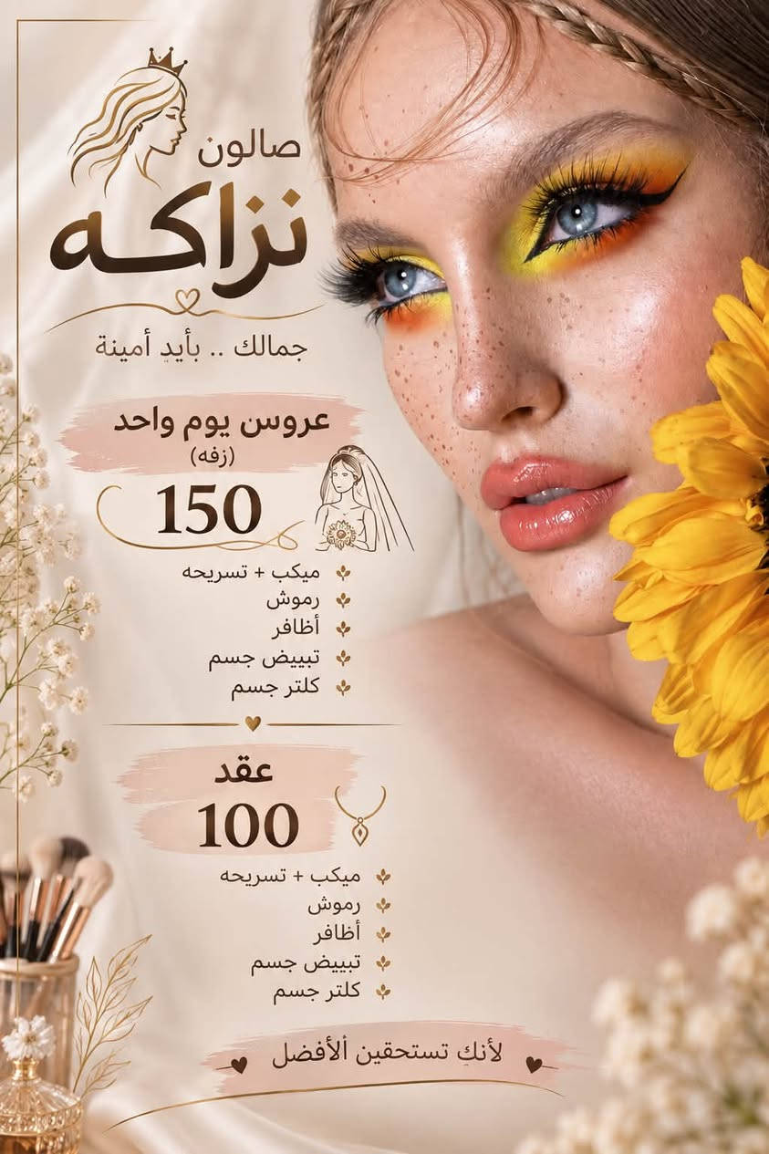 الاسعار 
صالون نزاكه ديوانيه ام الخيل السايدين قرب مأكولات الكوخ او دكتوره ملاك سعيد للحجز *********** واتساب

نص مكتوب في الصور:
- الماكيره جوري BEAUTY SALON لأنك تستحقين الأجمل ♡ عروس يوم واحد زفه 250 ألف ميكب + تسريحه حسب الطلب رموش أظافر تبييض جسم كلتر جسم ♡ عقد 150 ألف ميكب + تسريحه حسب الطلب رموش أظافر تبييض جسم كلتر جسم جمالك .. أولويتنا ♡ تبييض و كلتر جسم رموش أظافر تسريحات مكياج
- صالون نزاكه جمالك .. بأيد أمينة عروس يوم واحد (زفه) 150 ميكب + تسريحه رموش أظافر تبييض جسم كلتر جسم عقد 100 ميكب + تسريحه رموش أظافر تبييض جسم كلتر جسم لأنك تستحقين الأفضل
- مدعوه صالون تجميل (65) ميكب _ يوفي شعر قصير (75) ميكب _ تسريحه مرفوعه شعر قصير (85) ميكب _ يومي شعر طويل (100) ميكب_تسريحه مرفوعه شعر طويل (50) فقط ميكب مع الرموش (25) شسوار شعر قصير (35) شسوار شعر طويل تجبين الشعر ناشف ومسحوب Beauty Salon
- زهراء VIP جمالك ... عنواننا عروس VIP يوم واحد زفه 350 د.ع ميكب VIP تسريحه VIP حسب الطلب رموش اظافر تبييض جسم كلتر جسم عقد VIP 250 د.ع ميكب VIP تسريحه VIP حسب الطلب رموش اظافر تبييض جسم كلتر جسم ميكب VIP تسريحه VIP رموش اظافر تبييض جسم كلتر جسم لأنك تستحقين الأفضل