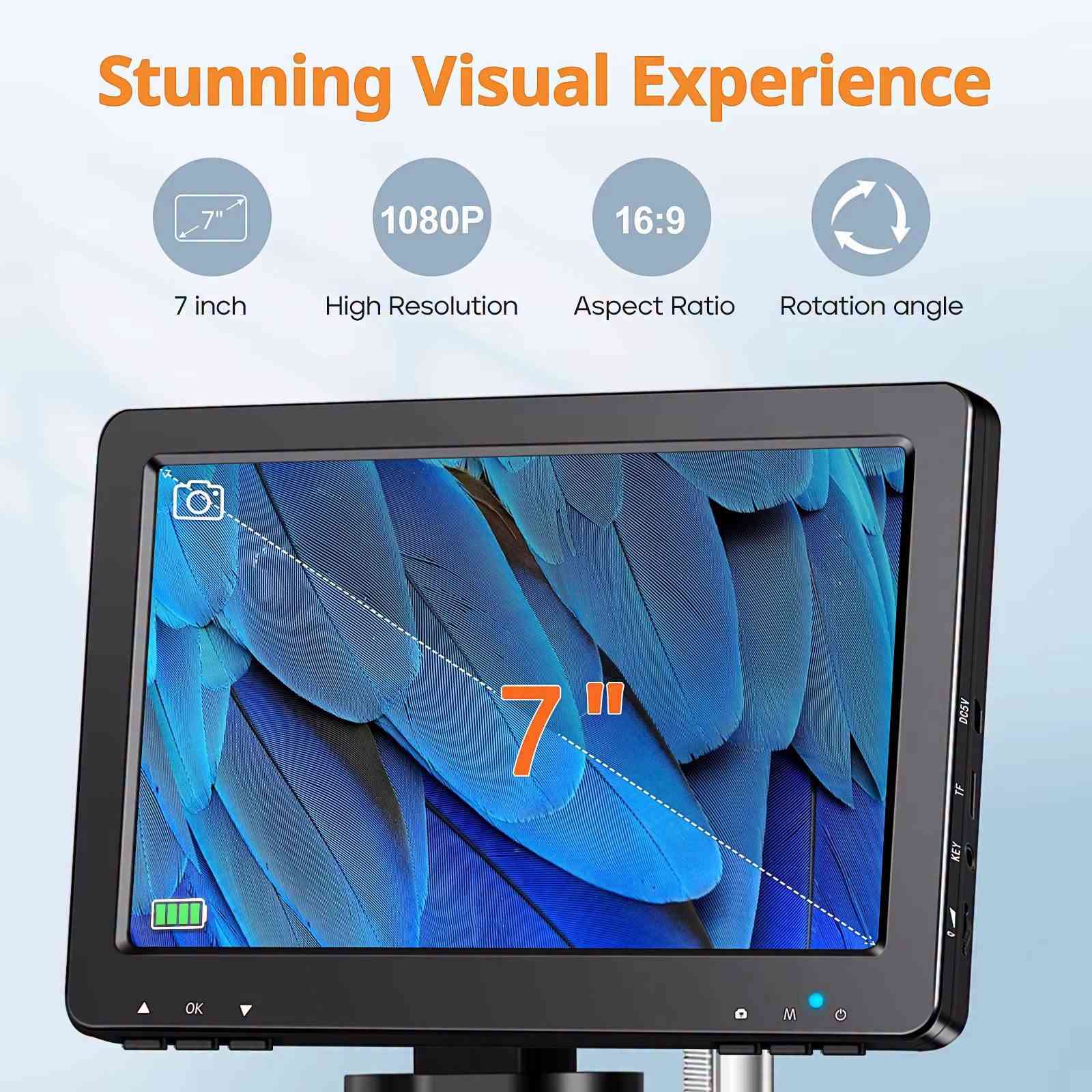 لا توجد تفاصيل

نص مكتوب في الصور:
- Hook it to PC/Laptop & View Real-Time Tiniest Details in LARGER Scale Take Photos and Record Videos Video Photo
- Stunning Visual Experience 7" 1080P 16:9 Rotation angle 7 inch High Resolution Aspect Ratio Rotation angle 7" OK M