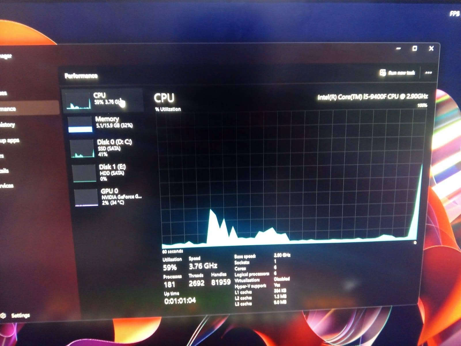 السلام عليكم
للبيع بي سي مستعمل نظيف
المواصفات موضحة بالصور
ماوس rgb وكيبورد rgb وماوس باد
شاشة بلاك ولف 165 هرتز
السعر 600 وبي مجال
مكان بغداد البلديات
للاستفسار ***********
واتساب

نص مكتوب في الصور:
- Performance Run new task CPU 2% 1.69 GHz Memory 5.0/15.9 GB (3 Disk 0 (D:) SSD (SATA) 0% Disk 1 (E:) HDD (SATA) 0% GPU 0 NVIDIA GeForce G... 2% (33 °C) Memory Memory usage 16.0 GB 15.9 GB 60 seconds Memory composition In use (Compressed) 4.9 GB (20.3 MB) Committed 5.9/23.7 GB Paged pool 297 MB Available 10.9 GB Cached 2.8 GB Non-paged pool 335 MB Speed: Slots used: Form factor: Hardware reserved: 2666 MT/s 2 of 2 DIMM 64.8 MB
- Task Manager Processes Performance App history Startup apps Users Details Services Settings Performance CPU 2% 1.45 GHz Memory 4.9/15.9 GB (31%) Disk 0 (C:) SSD (SATA) 0% Disk 1 (E:) HDD (SATA) 0% GPU 0 NVIDIA GeForce... 2% (33 °C) GPU 3D 2% Copy 0% Video Encode 0% Video Decode 0% NVIDIA GeForce GTX 1650 SUPER 4.0 GB 8.0 GB Dedicated GPU memory usage Shared GPU memory usage Utilization 2% GPU Memory 0.5/12.0 GB Dedicated GPU memory 0.5/4.0 GB Shared GPU memory 0.1/8.0 GB GPU Temperature 33 °C Driver version: 32.0.16.1682 Driver date: 9/4/2026 DirectX version: 12 (FL 12.1) Physical location: PCI bus 1, device 0, function 0 Hardware reserved memory: 166 MB
- Performance CPU Intel(R) Core(TM) i5-9400F CPU @ 2.90GHz 100% CPU % Utilization 60 seconds Utilization 59% Speed 3.76 GHz Processes 181 Threads 2692 Handles 81959 Up time 0:01:01:04 Base speed: 2.90 GHz Sockets: 1 Cores: 6 Logical processors: 6 Virtualization: Disabled Hyper-V support: Yes L1 cache: 384 KB L2 cache: 1.5 MB L3 cache: 9.0 MB Memory 5.1/15.9 GB (32%) Disk 0 (C:) SSD (SATA) 41% Disk 1 (E:) HDD (SATA) 0% GPU 0 NVIDIA GeForce G... 2% (34 °C) Settings Run new task
- CPU 3% 1.68 GHz Memory 5.0/15.9 GB (31%) Disk 0 (D: C:) SSD (SATA) 0% Disk 1 (E:) HDD (SATA) 0% GPU 0 NVIDIA GeForce G... 2% (33 C) Performance Disk 0 (D: C:) Active time Lexar 256GB SSD 100% 60 seconds Disk transfer rate 0 100 MB/s 60 MB/s 0 60 seconds Active time 0% Average response time 0.2 ms Capacity Formatted System disk Page file Type 239 GB 239 GB Yes Yes SSD (SATA) Read speed 0 KB/s Write speed 4.1 KB/s Run new task Settings