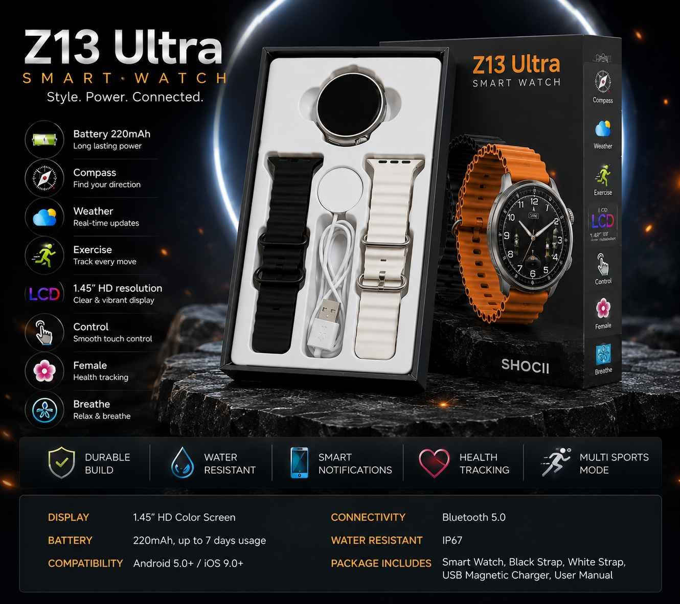 ⌚ Z13 Ultra Smart Watch
✨ سەعاتی زیرەکی Z13 Ultra
دیزاینی جوان و مۆدێرن، گونجاو بۆ بەکارهێنانی ڕۆژانە، وەرزش و کارەکانی ڕۆژانە.
🔹 مۆدیلی: Z13 Ultra
🔹 شاشە: 1.45" HD LCD
🔹 باتری: 220mAh
🔹 پەیوەندی: Bluetooth
🔹 کۆنترۆڵ: Touch Screen
🔹 وەرزش: پشتگیری لە چالاکی و مۆدەکانی وەرزش
🔹 Weather: پیشاندانی کەش و هەوا
🔹 Compass: کۆمپس
🔹 Smart Notifications: ئاگادارکردنەوەکانی مۆبایل
🔹 Health Tracking: بەدواداچوونی هەندێک پێوانەی تەندروستی
🔹 Breathe: ڕێنمایی هەناسەدان و ئارامبوون
🔹 Watch Faces: گۆڕینی شێوازی دەمەکانی سەعات
🔹 Call/Notification: وەرگرتنی ئاگادارکردنەوە و تایبەتمەندی پەیوەندی بە مۆبایل
🔹 ڕەنگی باند: ڕەش + سپی
🔹 لە ناو جعبەکەدا: سەعات + دوو باند + کێبڵی شەحنکردن
💎 دیزاینی شیک و جوان — هەڵبژاردەیەکی باش بۆ کەسانێک کە حەزیان لە سەعاتی زیرەکی و دیزاینی Ultra ـە.

نرخ ٤٥ هەزار
گەیاندنمان هەیە
بۆ پەیوەندی *********** السليمانية, العراق
