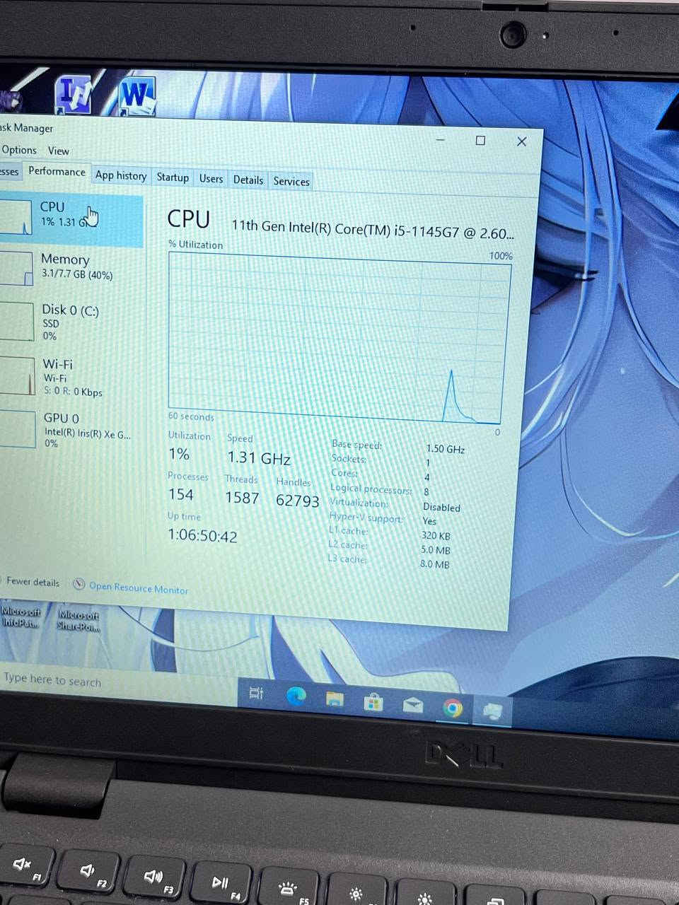 الجيل الحادي عشر   ⚜
‏لابتوب dell latitude 3420
لابتوب راقي، مناسب للدراسة والبحوث والمونتاج (الادوبي) ومناسب للبرانج الهندسية مثل الاوتكاد وغيره  ...وايضا مواصفاته قوية للالعاب وينطيك سلاسة عالية(تتونس 🔥 ) ....
‏نظافة 100%  ✨
‏
‏المواصفات  🌙
‏⚜ المعالج / Core i5 1145G5  الجيل الحادي عشر
‏⚜ كرت شاشة intel iris xe graphics 4GB من اقوى الكروت المدمجة 
‏⚜ الرام / 8GB DDR4 
‏⚜ التخزين / 256GB SSD M.2 NVMe 
‏⚜ الشاشة / 14 inch hd+ screen 
‏
‏ملحقاته كاملة
‏شاحنتة الاصلية
‏ماوس
‏ماوس باد
‏حقيبة خاصة 
‏‏🩵🩵 سعر 365 الف 🩵🩵
‏مع ضمان 10 ايام استبدال في حال وجود اي خلل او مشكلة ⚜ الاستلام بعد الفحص والتأكد من جميع التفاصيل 🌹
‏يتوفر توصيل لكل العراق 
‏متواجد ماسنجر 
‏واتساب ***********
‏

نص مكتوب في الصور:
- Task Manager
- Options View
- Processes Performance App history Startup Users Details Services
- CPU
- 1% 1.31 GHz
- Memory
- 3.1/7.7 GB (40%)
- Disk 0 (C:)
- SSD
- 0%
- Wi-Fi
- S: 0 R: 0 Kbps
- GPU 0
- Intel(R) Iris(R) Xe G...
- CPU 11th Gen Intel(R) Core(TM) i5-1145G7 @ 2.60...
- % Utilization 100%
- 60 seconds 0
- Utilization Speed Base speed:
- 1% 1.31 GHz 1.50 GHz
- Sockets:
- 1
- Processes Threads Handles Cores:
- 4
- 154 1587 62793 Logical processors:
- 8
- Up time Virtualization:
- Disabled
- 1:06:50:42 Hyper-V support:
- Yes
- L1 cache:
- 320 KB
- L2 cache:
- 5.0 MB
- L3 cache:
- 8.0 MB
- Fewer details Open Resource Monitor
- Microsoft InfoPath
- Microsoft SharePoint
- Type here to search