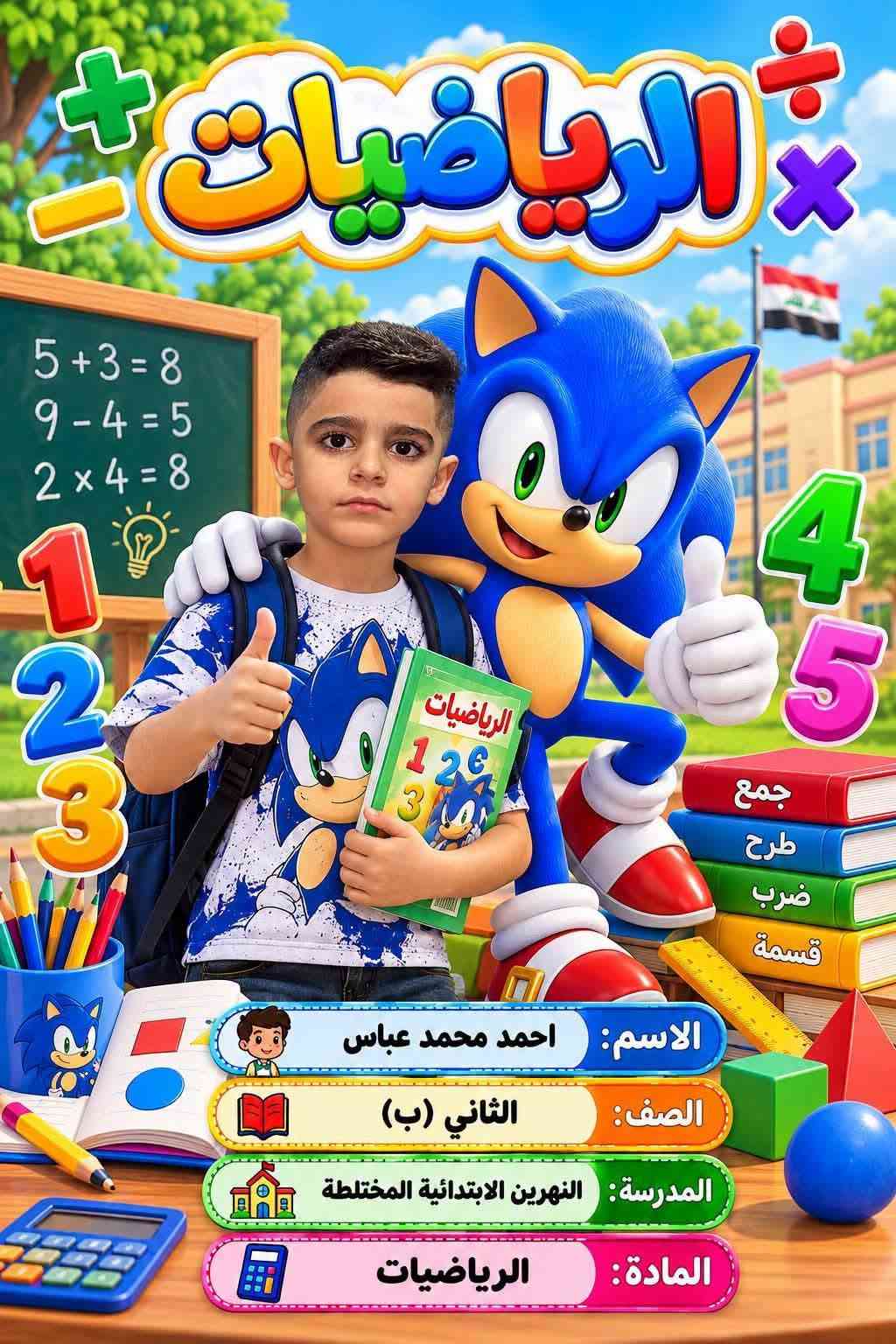 ميز طفلك وية مكتبة الرياضي 
تجهيز اطفالكم لاتحتارون خليه علينا واحنا نميز طلابكم بادق التفاصيل طبع لواصق الاسماء وصور الدفاتر بأسعار مناسبة 
للاستفسار ***********

نص مكتوب في الصور:
- الرياضيات
- 5 + 3 = 8
- 9 - 4 = 5
- 2 × 4 = 8
- 1
- 2
- 3
- 4
- 5
- جمع
- طرح
- ضرب
- قسمة
- الاسم: احمد محمد عباس
- الصف: الثاني (ب)
- المدرسة: النهرين الابتدائية المختلطة
- المادة: الرياضيات
- OCTONAUTS
- المادة: العلوم
- ENGLISH
- A B
- C
- READ
- WRITE
- SPEAK
- LISTEN
- Apple
- الإسم: احمد محمد عباس
- المادة: English
- التربية الإسلامية
- المادة: التربية الاسلامية