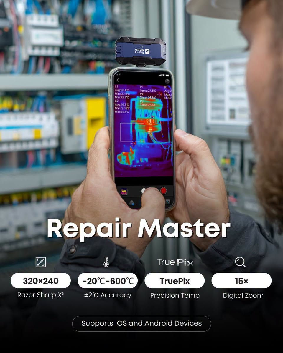 لا توجد تفاصيل

نص مكتوب في الصور:
- Repair Master 320x240 Razor Sharp X3 -20°C-600°C ±2°C Accuracy TruePix Precision Temp 15x Digital Zoom Supports IOS and Android Devices
- Universal Compatibility via USB-C Phones and Tablets: Supporting app available on iOS & Android app markets Windows PC: Download on the thermalmaster/com (APP Name) Thermal Master
- Professional Offline Image Analysis 2D Edit 3D Edit Report PC