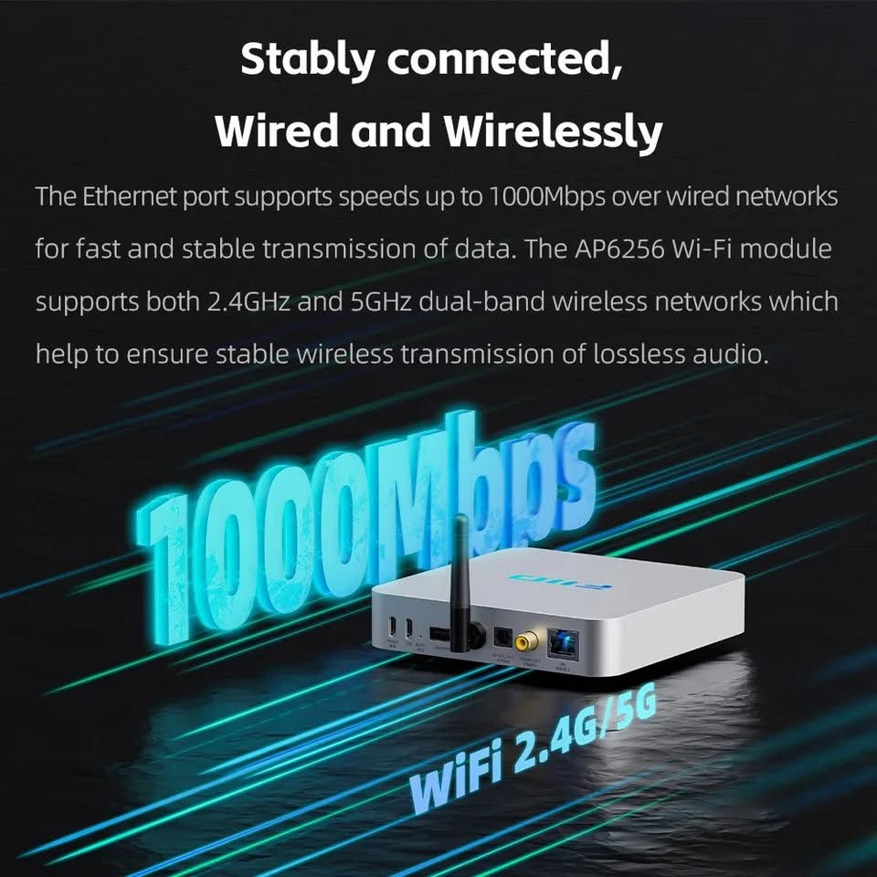 للتواصل واتساب ***********

نص مكتوب في الصور:
- Streaming music receiver
- The SR11 is a high-performance lossless streaming music receiver, also known as a music streamer, supporting various network streaming protocols. When paired with an external decoder, it allows you to easily set up a streaming HiFi system, enabling you to enjoy high-bitrate lossless streaming audio.
- FiiO | SR11
- Custom LCD display, Intuitive layout and easy to use
- The screen lets you quickly know the device's operating mode, network status, and current volume. The knob allows you to easily perform various operations with ease, ensuring you have total control.
- Stably connected, Wired and Wirelessly The Ethernet port supports speeds up to 1000Mbps over wired networks for fast and stable transmission of data. The AP6256 Wi-Fi module supports both 2.4GHz and 5GHz dual-band wireless networks which help to ensure stable wireless transmission of lossless audio. 1000Mbps WiFi 2.4G/5G
- Powerful multi-core processor with ultra-low power consumption
- The SR11 features the X2000 high-performance multi-core processor, with one core based on the unique XBurst2 dual-logic core and another XBurst0 small core. The processor boasts excellent computational power, strong real-time control capabilities, and ultra-low power consumption. The chip ensures precise processing of audio signals for stable and smooth music playback.
- X2000