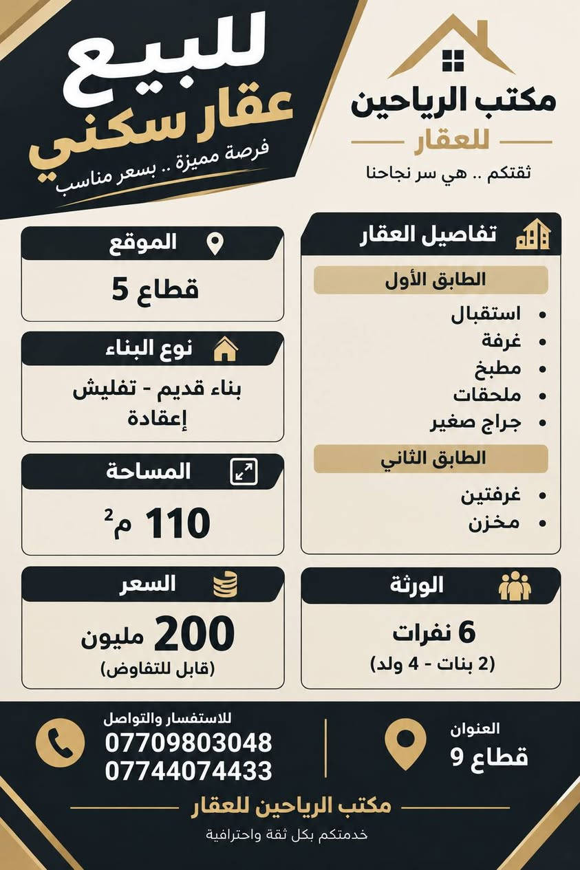 لا توجد تفاصيل

نص مكتوب في الصور:
- للببيع عقار سكنى فرصة مميزة .. بسعر مناسب مكتب الرياحين للعقار ثقتكم .. هي سر نجاحنا تفاصيل العقار الطابق الأول استقبال غرفة مطبخ ملحقات كراج صغير الطابق الثاني غرفتين مخزن الموقع قطاع 5 نوع البناء بناء قديم - تفليش أكاده المساحة 110 م² السعر 200 مليون (قابل للتفاوض) الورثة 6 نفرات (2 بنات - 4 ولد) العنوان قطاع 9 للاستفسار والتواصل *********** *********** مكتب الرياحين للعقار خدمتكم بكل ثقة واحترافية
- للبيع عقار سكني فرصة مميزة .. بسعر مناسب مكتب الرياحين للعقار ثقتكم .. هي سر نجاحنا تفاصيل العقار الطابق الأول استقبال غرفة مطبخ ملحقات جراج صغير الطابق الثاني غرفتين مخزن الموقع قطاع 5 نوع البناء بناء قديم - تفليش إعقادة المساحة 110 م² السعر 200 مليون (قابل للتفاوض) الورثة 6 نفرات (2 بنات - 4 ولد) للاستفسار والتواصل *********** *********** العنوان قطاع 9 مكتب الرياحين للعقار خدمتكم بكل ثقة واحترافية
- للبيع
- عقار سكنى مميز
- مكتب الرياحين
- للعقار
- الموقع
- قطاع ٥ - العكادة
- المساحة
- ٧٢ م٢
- الوصف
- نصف قطعة أمامية
- الطابق الأول
- استقبال معزول
- غرفة نوم
- مطبخ
- خدمات
- الطابق الثاني
- غرفتان
- السعر
- 145 مليون
- للاستفسار والتفاصيل
- ***********
- ***********
- مكتب الرياحين للعقار
- العنوان: قطاع و
- نستقبل كافه العروضات