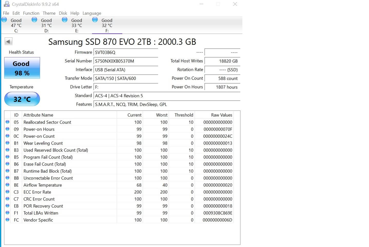سامسونج ٢تيرا • صحة ٩٨% • SSD 870 EVO