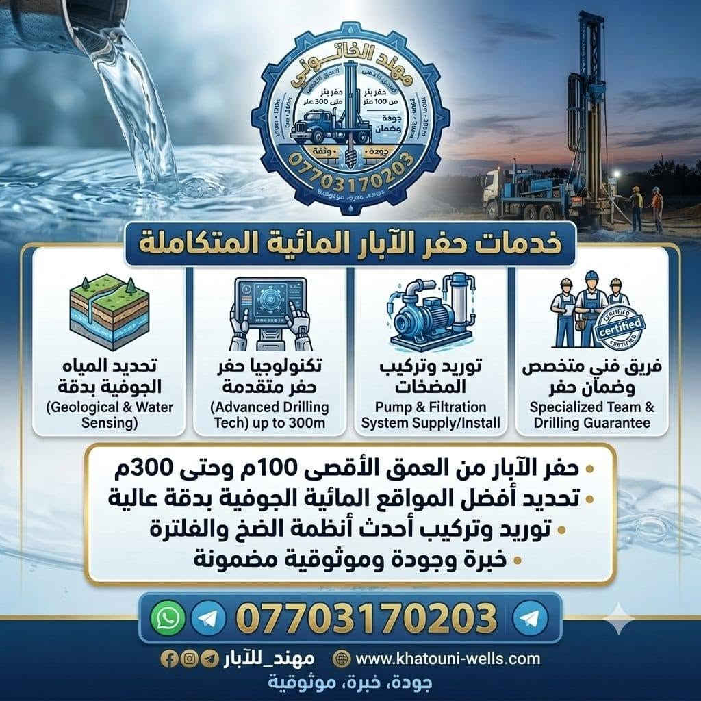 أقوى عرض لحفر الآبار في الموصل وضواحيها! 💧
احصل على أنقى وأقوى عروق المياه بأحدث الحفارات وأعلى دقة مع ورشة مهند الخاتوني.
​✅ حفر دقيق وسريع لكافة الأعماق
✅ تنظيف وتعميق الآبار القديمة
✅ خبرة وضمان في العمل
📍 الموقع: الموصل وضواحيها وغرب نينوى
​📞 للتواصل والطلب (واتساب / اتصال):
📲 ***********
