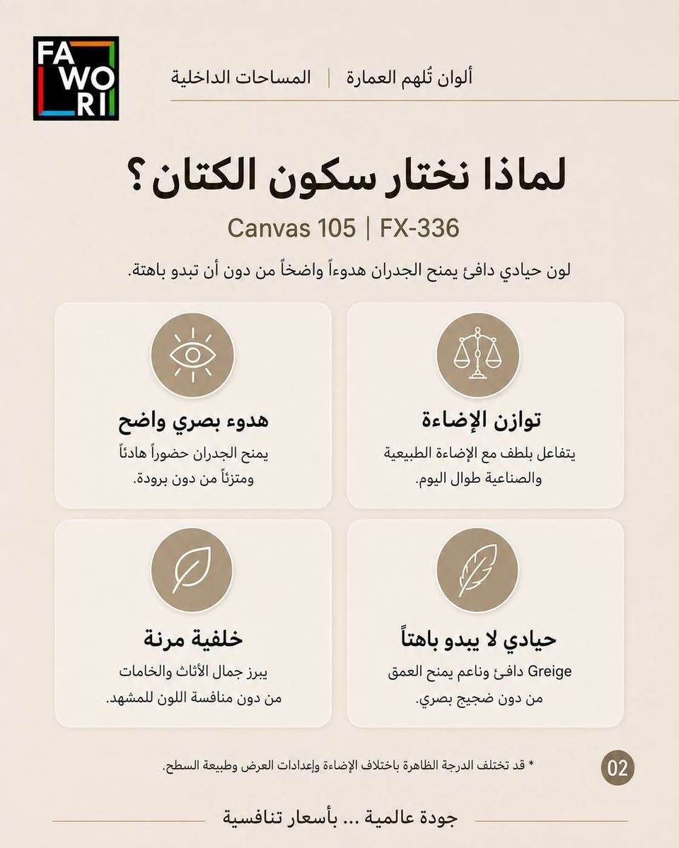 🎨 سكوت الكتان – Canvas 105 | FX-336 من فاوري التركي 🇹🇷
مو مجرد لون… اختيار يغيّر إحساس المكان بالكامل! 🤎
لون سكوت الكتان بدرجته الهادئة والدافئة يمنح الجدران: ✨ أناقة وراحة بصرية
✨ إحساس بالاتساع والهدوء
✨ تناغم رائع مع الخشب والديكورات
✨ مناسب للصالات، غرف النوم والمداخل
✨ سهل التنسيق مع درجات الأثاث المختلفة
والأجمل؟ متوفر ضمن ألوان فاوري الداخلية، ودرجة Canvas 105 مدرجة ضمن ألوان فاوري الداخلية الرسمية.
🔥 إذا تريد لون راقي يبقى حلو بكل وقت… سكوت الكتان اختيارك.
📍 وكالة فاوري المسيب
حي المعلمين – مقابل المصرف الزراعي
📞 ***********
📞 ***********
🚚 يتوفر التوصيل داخل المسيب ولكافة المحافظات
