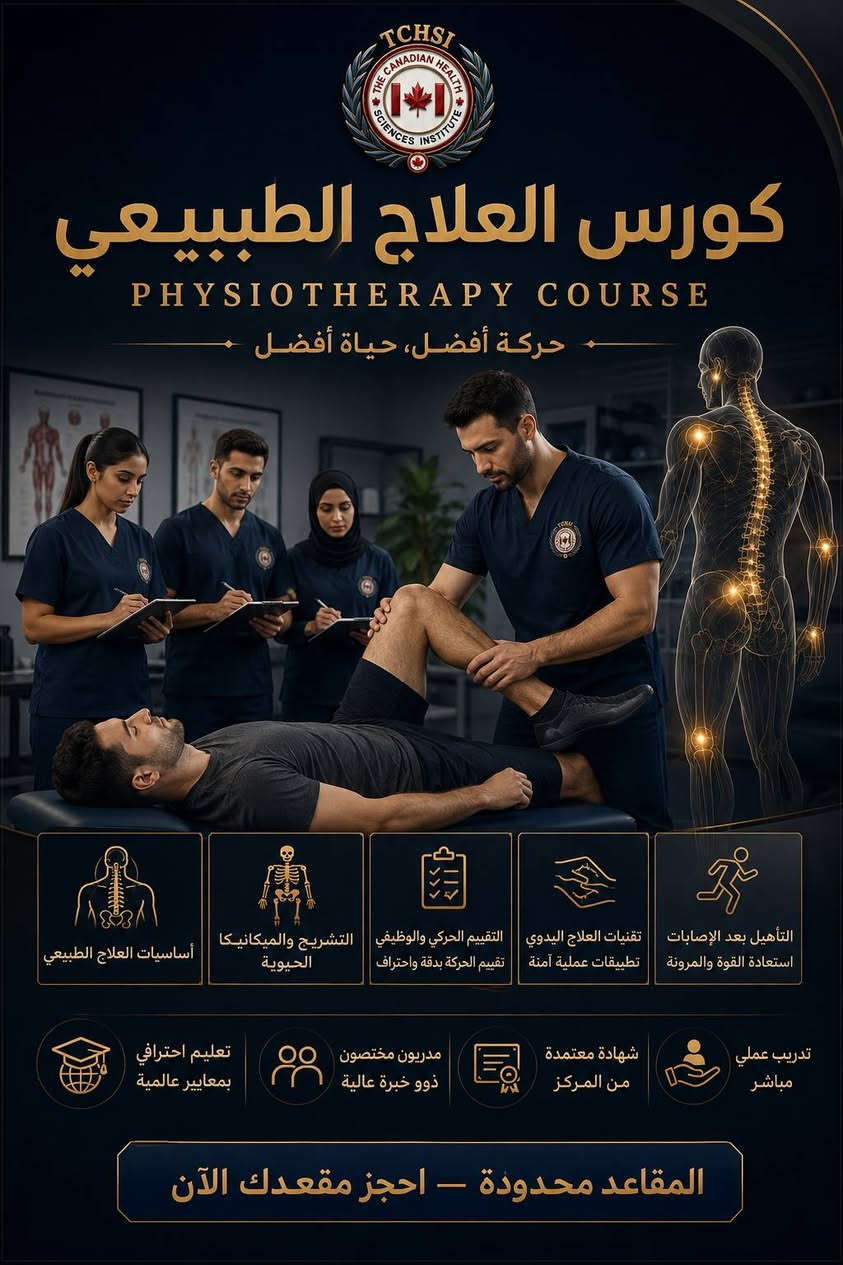 🌿 المركز الكندي للتدريب والتطوير الطبي
يقدم لكم

🎓 الدبلوم الشامل في الطب الشمولي

✨ 5 علوم تدريبية في برنامج واحد
لتطوير مهاراتك وتوسيع خبرتك في مجالات الطب التكميلي والشمولي.

📚 محاور الدبلوم:

🔹 العلاج الطبيعي
أساسيات التأهيل والعلاج الحركي والتعامل مع المشكلات العضلية والحركية.

🔹 الحجامة العلمية
أنواع الحجامة، أسس التطبيق، مواضع الحجامة، الموانع واحتياطات السلامة.

🔹 الكايروبراكتيك
مبادئ التعامل مع الجهاز العضلي الهيكلي وتقنيات التطبيق ضمن التدريب الآمن.

🔹 التغذية العلاجية
أساسيات التغذية وتصميم الأنظمة الغذائية وفق الاحتياجات المختلفة.

🔹 الإبر الصينية
المبادئ الأساسية للوخز بالإبر واستخداماته ضمن الطب التكميلي.

💎 تدريب نظري وعملي
📌 محتوى تدريبي متكامل
📌 تطبيقات عملية
📌 بإشراف مدربين مختصين

🚀 طوّر مهاراتك… وسّع معرفتك… وابدأ خطوتك نحو مستقبل مهني أفضل.

📍 موقع المركز:
بغداد – الأعظمية – شارع المغرب
📌 مقابل الفنون الموسيقية – الطابق الثاني

📞 للحجز والاستفسار:
***********

🔥 المقاعد محدودة — بادر بالحجز الآن
