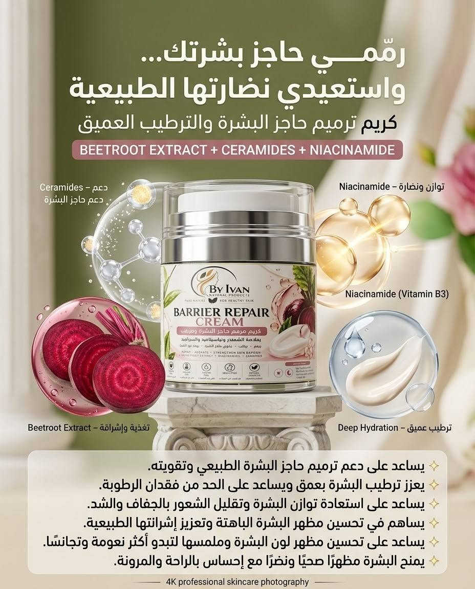 نزل الراتب؟ يعني حان وقت الدلع والعروض القوية من BY IVAN! 🤎

بمناسبة نزول الراتب، حضّرنالكم عروض كلش قوية ومميزة على منتجاتنا الجديدة 😍🔥

منتجات بتركيبات جديدة، ومكونات مميزة، حتى نوفر إلكم عناية متكاملة لبشرتكم وشعركم، وبأسعار وعروض ما تتعوّض! 🥹💚

🎁 اليوم نزلت الوجبة الأولى من العروض!
عروض مميزة على مجموعة من منتجات البشرة والشعر، وكل منتج مختار بعناية حتى تستمتعون بتجربة عناية مميزة 

👀 بس لحظة… باچر انتظرونا!
الوجبة الثانية راح تكون أقوى، وبيها مفاجآت حلوة على زبدات الشعر ومنتجات العناية بالشعر 😍🔥

📢 واللي بعدهم ما مجرّبين منتجاتنا، هسه فرصتكـم حتى تجرّبون وتكتشفون بنفسكم!

⏳ الكميات والأعداد محدودة جداً، والعروض لفترة محدودة، فلا تفوّتون الفرصة!

🛍️ راسلونا واحجزوا منتجاتكم قبل نفاد الكمية.

BY IVAN NATURAL PRODUCTS
جمالكِ يستحق عناية استثنائية 🤎🌿

#BY_IVAN #عروض_الراتب #عروض_قوية #عناية_بالبشرة #عناية_بالشعر #منتجات_طبيعية

نص مكتوب في الصور:
- عناية مركّزة من الجذور... لشعر أكثر كثافة وحيويّة
- تونر إنبات وكثافة الشعر والعناية بفروة الرأس
- Black Pepper Extract - عناية مركزة بالجذور
- Clove Extract - عناية نباتية بفروة
- Clove Extract
- Scalp Care - نظافة وانتعاش
- Scalp Care
- Hair Density - مظهر أكثر كثافة
- Hair Density
- BLACK PEPPER EXTRACT + CLOVE EXTRACT
- Green Tea Extract: Helps balance sebum and purify skin. خلاصة الشاى الأخضر: يساعد على توازن إفراز الدهون وتنقية البشرة. Zinc PCA: Helps reduce the appearance of large pores and control sebum. زنك بي سي إيه: زنك بي سي إيه: يساعد على تقليل مظهر المسامات الواسعة والتحكم في الدهون. Aloe Vera: Helps soothe and hydrate without oily shine. الصبار: يساعد على تهدئة البشرة وترطيبها بدون لمعان زيتي. Nourishing Vitamins: Helps nourish and maintain healthy radiance. فيتامينات مغذية: على تساعد على تغذية البشرة والحفاظ على نضارتها الصحية. deep pore cleansing and size reduction تنظيف عميق للمسامات وتقليل مظهرها الواسع sebum regulation for balanced skin تنظيم وإعادة توازن الدهون calming and reduced shine تهدئة البشرة وتقليل اللمعان balanced hydration and vitamin nourishment ترطيب متوازن وتغذية مضاعفة for clear, smooth, and vibrant skin مظهر صافٍ وناعم ومفعم بالحيوية
- رمّمي حاجز بشرتك... واستعيدي نضارتها الطبيعية كريم ترميم حاجز البشرة والترطيب العميق BEETROOT EXTRACT + CERAMIDES + NIACINAMIDE Ceramides - دعم دعم حاجز البشرة Niacinamide - توازن ونضارة Niacinamide (Vitamin B3) Deep Hydration - ترطيب عميق Beetroot Extract - تغذية وإشراقة يساعد على دعم ترميم حاجز البشرة الطبيعي وتقويته. يعزز ترطيب البشرة بعمق ويساعد على الحد من فقدان الرطوبة. يساعد على استعادة توازن البشرة وتقليل الشعور بالجفاف والشد. يساهم في تحسين مظهر البشرة الباهتة وتعزيز إشراقتها الطبيعية. يساعد على تحسين مظهر لون البشرة وملمسها لتبدو أكثر نعومة وتجانسًا. يمنح البشرة مظهرًا صحيًا ونضرا مع إحساس بالراحة والمرونة. 4K professional skincare photography
- تنظيف لطيف... وترطيب يلامس أعماق بشرتك غسول مصل الحلزون للبشرة الجافة والحساسة SNAIL MUCIN + VITAMIN B5 Snail Mucin - ترطيب ونعومة. Vitamin B5 ترطيب وتهدئة. Gentle Cleanse تنظيف لطيف للبشرة. تنظيف عميق ولطيف للمسام وإزالة الشوائب. ترطيب مكثف يساعد على تقليل الإحساس بالجفاف بالجفاف والشد. تهدئة البشرة الحساسة ومنحها شعورًا بالراحة. المساعدة على دعم حاجز البشرة الطبيعي والحفاظ على رطوبتها. بشرة أكثر نعومة ونضارة بمظهر صحي ومشرق.
- ميريدا... سر العناية بشعرك من الجذور سيروم مغذ لدعم كثافة الشعر وحيويته MERIDA HAIR GROWTH & DENSITY SERUM 12 NOURISHING OILS + HAIR VITAMINS قوة الزيوت الطبيعية - 12 Nourishing Oils نعومة وتغذية - Sweet Almond Oil ترطيب وعناية - Castor Oil عناية نباتية متكاملة - Sesame Oil عناية متكاملة لشعر الرأس واللحية تغذية وحيوية - Hair Vitamins