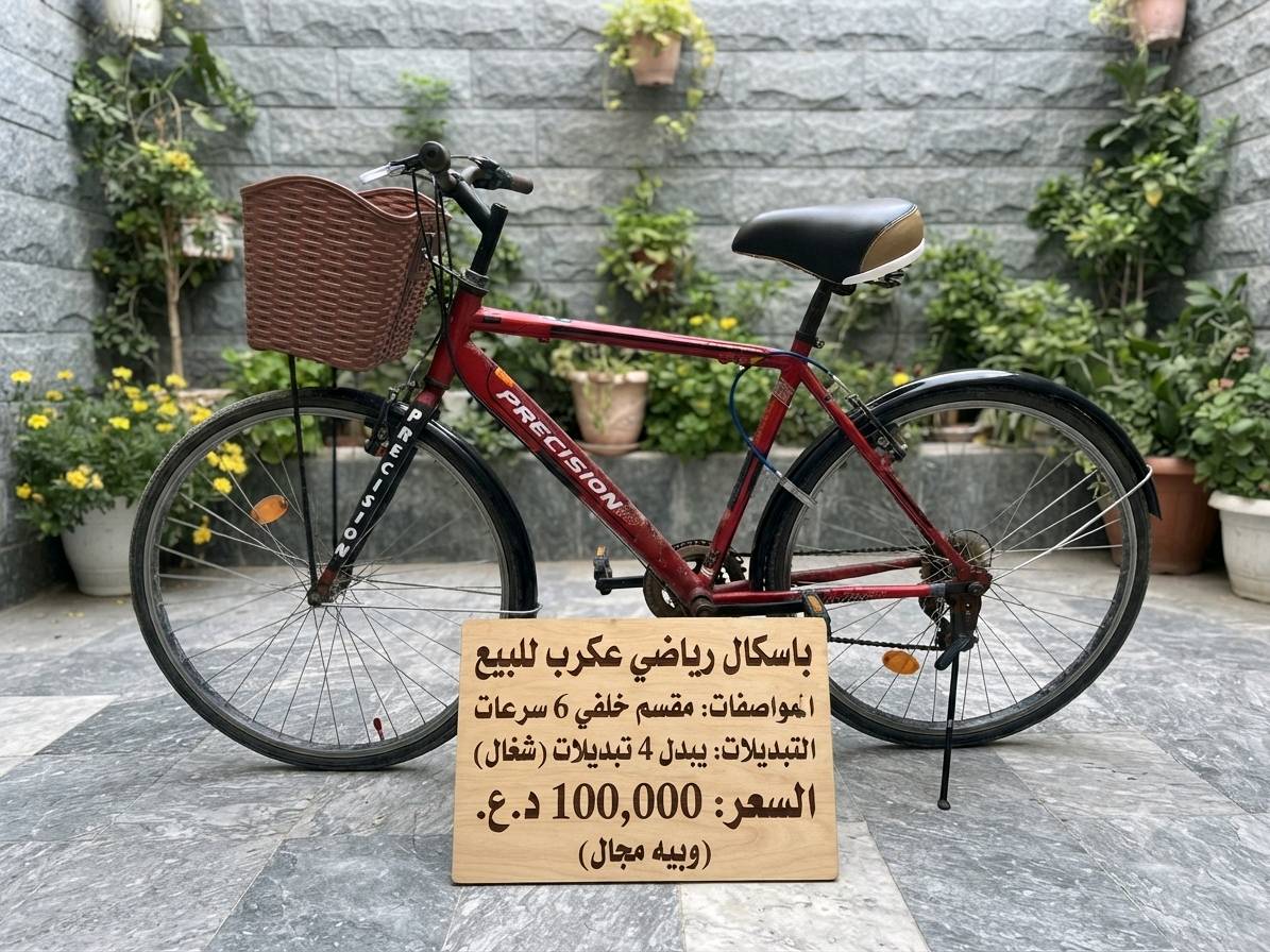 للبيع، دراجة هوائية رياضية (City/Sport Bike) من العلامة التجارية "PRECISION"، تتميز بتصميم أنيق باللون الأحمر الجذاب وإطار متين. الدراجة مجهزة بعناية لتوفير الراحة والأداء، وتتضمن:
​سلة أمامية عملية: سلة بنية متينة بتصميم من الخيزران الصناعي، مثالية لحمل الأغراض الشخصية أو التسوق.
​مقعد مريح: مقعد ثنائي اللون (أسود وبني) مصمم لتوفير الراحة خلال الرحلات الطويلة.
​حالة ممتازة: الدراجة نظيفة، بحالة عامة ممتازة، وجاهزة للاستخدام الفوري.
​المواصفات الفنية:
​نظام التروس: مزودة بمقسم خلفي (Derailleur) بـ 6 سرعات.
​ناقل الحركة: نظام التبديل يعمل بكفاءة تامة، مع القدرة على التبديل بين 4 مستويات (شغال).
​الأمان: عاكسات (Reflectors) على العجلات الأمامية والخلفية لضمان الرؤية والسلامة أثناء القيادة ليلاً.
​معلومات البيع:
​السعر المطلوب: 100,000 دينار عراقي (100 ألف).
​ملاحظة: السعر قابل للتفاوض (وبيه مجال للجادين).
​للتواصل والاستفسار:
​[***********]