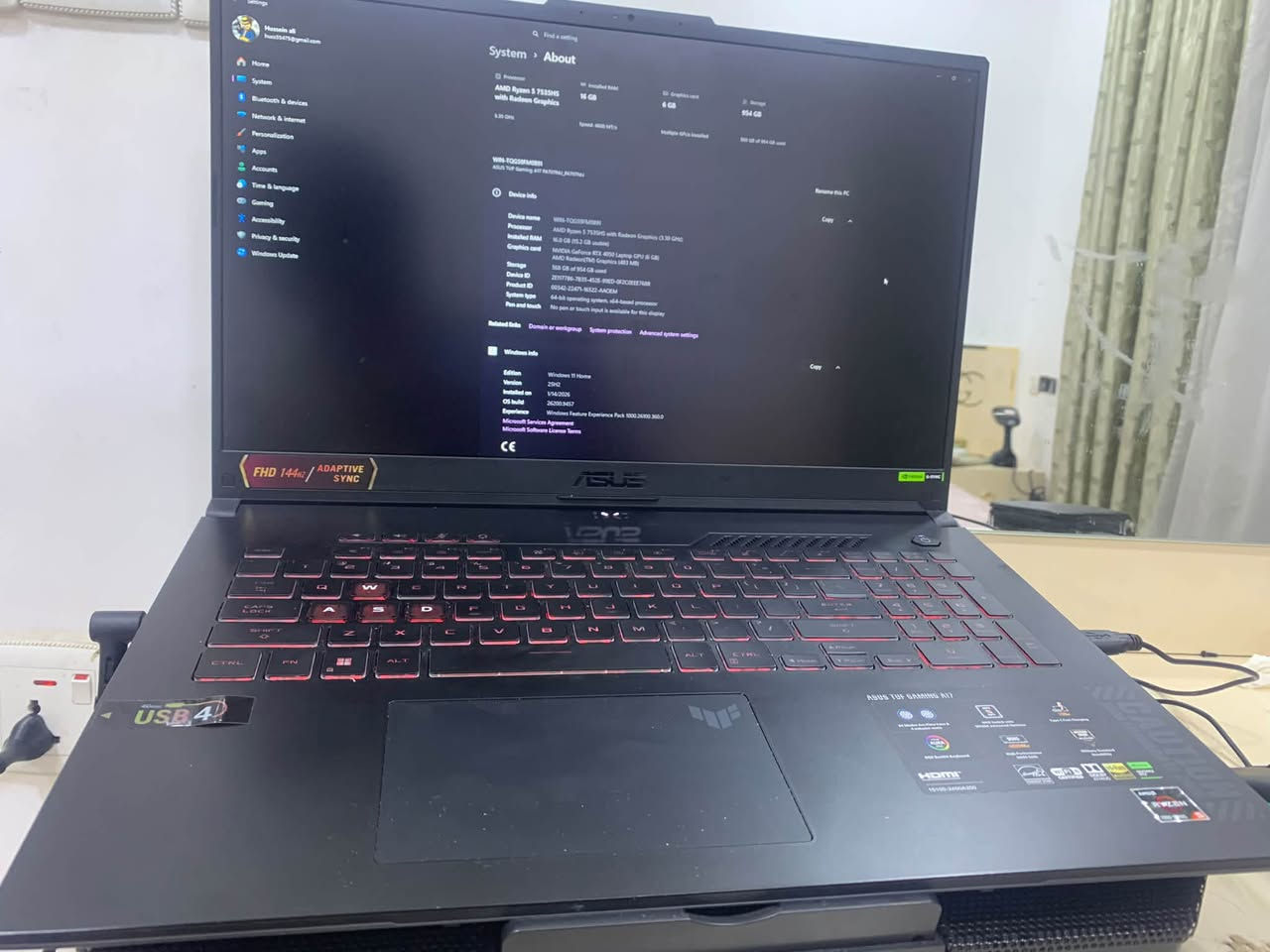 🔥 **لابتوب ألعاب ومونتاج ASUS TUF Gaming للبيع (مع كامل أغراضه وهارد إضافي)** 🔥
السلام عليكم شباب، عندي هذا اللابتوب للبيع، استخدام شخصي خفيف جداً لمدة **3 أشهر فقط** والجهاز بحالة الزيرو ونظيف 100% بدون أي عيب أو مشكلة.
❓ **سبب البيع:** ما عندي وقت أستعمله بسبب المشاغل.
💻 **المواصفات:**
 * **الماركة:** ASUS TUF Gaming الأصلي
 * **المعالج:** AMD Ryzen (أداء سريع وقوي جداً للألعاب والمونتاج والبرامج الهندسية)
 * **التخزين (الهارد):** يحتوي على **هاردين SSD** (الأصلي 500GB + ضفتله هارد SSD ثاني 500GB) يعني المساحة الكلية **1Terabyte (1000GB) SSD** للسرعة العالية والمساحة الكبيرة.
 * **الشاشة:** FHD بتردد 144Hz لسلاسة فائقة
 * **المنافذ:** يدعم USB4 ومنافذ متعددة
 * **الكيبورد:** كيبورد جيمنج مميز مع إضاءة
 * **النظام:** ويندوز 11 أصلي
🎁 **الملحقات الكاملة الويا الجهاز:**
 * قاعدة / مروحة تبريد.
 * ماوس ألعاب.
 * الشاحنة الأصلية.
 * الكارتونة الأصلية مالت الجهاز.
✨ **ملاحظة:** البيع شخصي (فرد مو محل).
💰 **السعر المطلوب:** 1,200,000 دينار عراقي (مليون وميتين) [قابل للتفاوض البسيط للجادين].
📍 **الموقع:** بغداد - منطقة الشهداء
❌ **التوصيل:** لا يوجد توصيل، الاستلام والتسليم مباشر من يم البيت بعد ما تفحص وتجرب الجهاز براحتك.
📞 **للتواصل والاتصال:** *********** أو المراسلة على الخاص.

نص مكتوب في الصور:
- System > About
- Processor
- AMD Ryzen 5 7535HS with Radeon Graphics
- 3.30 GHz
- Installed RAM
- 16.0 GB
- Speed
- 4800 MT/s
- Device ID
- Product ID
- System type
- Pen and touch
- Edition
- Version
- Installed on
- OS build
- Experience
- WIN-TOG9EMBIN
- ASUS TUF Gaming A17 FA707NV-FA707NV
- Device info
- WIN-TOG9EMB1N
- AMD Ryzen 5 7535HS with Radeon Graphics (3.30 GHz)
- 16.0 GB (15.2 GB usable)
- NVIDIA GeForce RTX 4050 Laptop GPU & GB
- AMD Radeon(TM) Graphics (483 MB)
- 508 GB of 954 GB used
- 2E317798-7B35-4525-9RED-0F2CCEEB7688
- 00342-22471-16522-AAOEM
- 64-bit operating system, x64-based processor
- No pen or touch input is available for this display
- Related links Domain or workgroup System protection Advanced system settings
- Windows info
- Windows 11 Home
- 23H2
- 1/14/2026
- 26200.3457
- Windows Feature Experience Pack 1000.26300.360.0
- Microsoft Services Agreement
- Microsoft Software License Terms
- CE