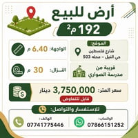 📐 أرض للبيع | 192 م²♕  • الواجهة: 6.40 م • النزال: 30 م  📍 الموقع: شار...