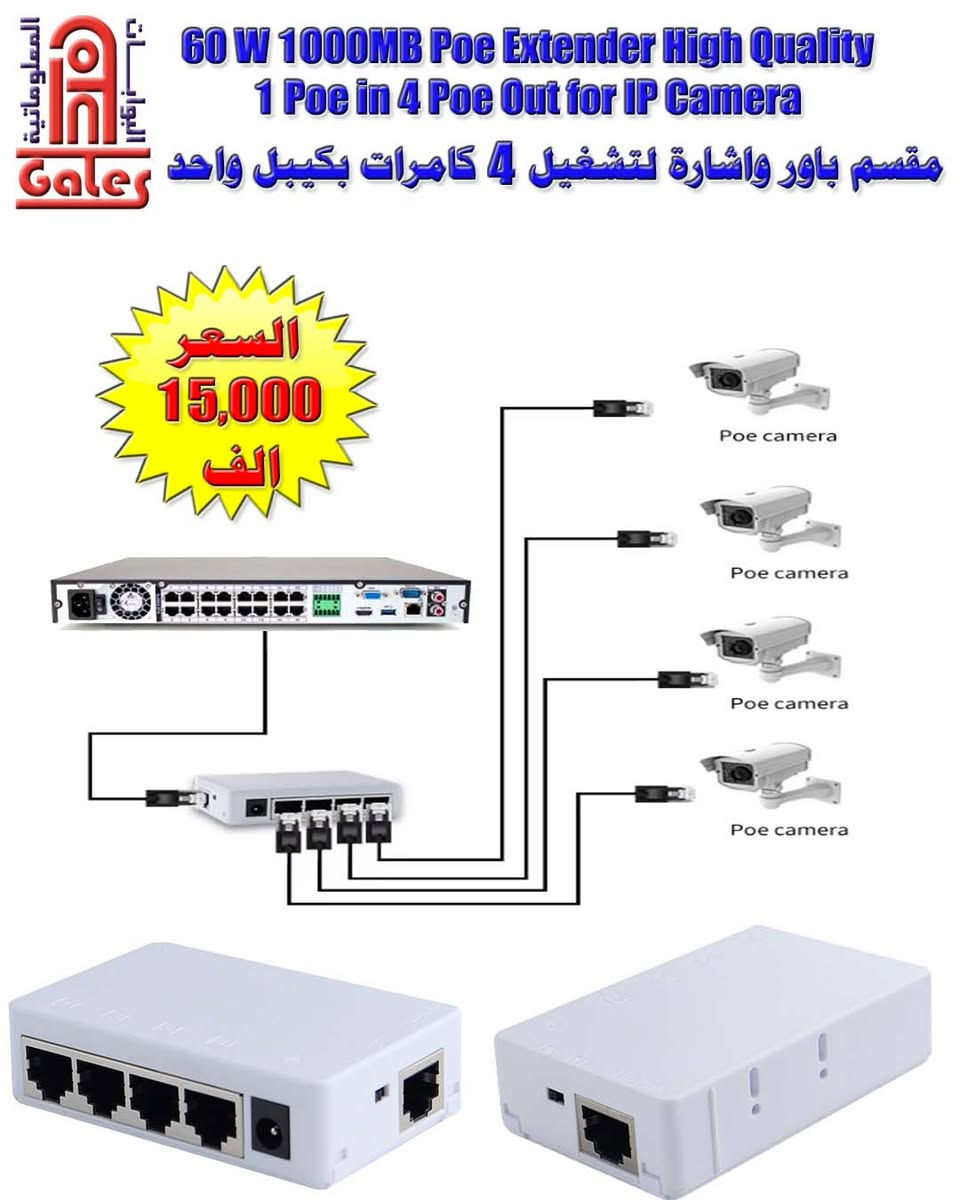 ⚡ Gigabit 1 in 4 Out POE Extender 5 Port 10/100/1000MB | International Standard POE Repeater

🔥 لأصحاب كاميرات المراقبة، أنظمة الشبكات، والاتصالات... هذا الجهاز لكم!
ضاعف مسافة ونطاق إرسال شبكتك بكل سهولة واحترافية! إليكم مكرر الإشارة القوي الذي يتيح لك توصيل 4 كامرات  بكل كفاءة وسلاسة عبر مدخل واحد وبمعدل نقل فائق السرعة.

✨ أهم المميزات والمواصفات الفنية:
⚡ سرعة نقل فائقة وسعة عالية: معدل نقل بيانات 10/100/1000 ميجابت في الثانية لضمان أفضل أداء لشبكات الكاميرات والإنترنت.
🔌 تصميم بـ 5 منافذ: مكرر إشارة POE (مدمج بمدخل واحد واربعة مخارج 1 in 4 out) لتوسيع التغطية بكل سهولة.
🔄 وضع الاتصال المتقدم: يدعم وضع الازدواج الكامل (Full-Duplex) لضمان نقل البيانات بكفاءة ثنائية الاتجاه.
🛠️ دعم التشغيل الفوري: نظام التوصيل والتشغيل الفوري (Plug and Play) مع دعم معيار الشبكات العالمي IEEE 802.3 af/at.
🔋 جهد دخل وخرج مثالي: جهد دخل 44-57V (0.25A) وجهد خرج 52V وبقدرة قصوى تصل إلى Max 60W.
📷 مثالي لمنظومات المراقبة الحديثة: يتيح لك ربط جهاز التسجيل (NVR) بكاميرات المراقبة (PoE IPC) لمسافات بعيدة وبدون أي فقدان بالإشارة.   

💰 السعر: 15,000 دينار عراقي فقط!
🚚 التوصيل متوفر لجميع محافظات العراق 🇮🇶
📱 للطلب والاستفسار عبر WhatsApp أو الاتصال:
***********

🔥 اضمن كفاءة وقوة شبكتك وكاميراتك... مع مكرر الإشارة الاحترافي والاعتمادي!
#POE_Extender #كاميرات_مراقبة #شبكات #توسيع_الشبكة #اتصالات #InfoGales #العراق #InfoGales #قطع_الكترونية #CAT5e #PoEswitches #poeswitch

نص مكتوب في الصور:
- Gigabit 1 in 4 Out POE Extender 5 Port 10/100/1000MB International standard POE repeater 1 in 4 out السعر: 15,000 دينار Ports: 5 (1 in 4 out) 10/100/1000Mbps Full-Duplex Plug & Play CE, RoHS, IEEE Certified Technical Specifications Ports: 5 (POE repeater 1 in 4 out) Transmission rate: 10/100/1000Mbps Communication mode: Full-Duplex Input: 44-57V 0.25A Output: 52V, Max 60W (Updated to 60W) IEEE 802.3af/at طريقة الاستخدام +964 770 401 8009
- المنصورة للإتصالات Gals 60 W 1000MB Poe Extender High Quality 1 Poe in 4 Poe Out for IP Camera مقسم باور واشارة لتشغيل 4 كامرات بكيبل واحد السعر 15,000 ألف Poe camera